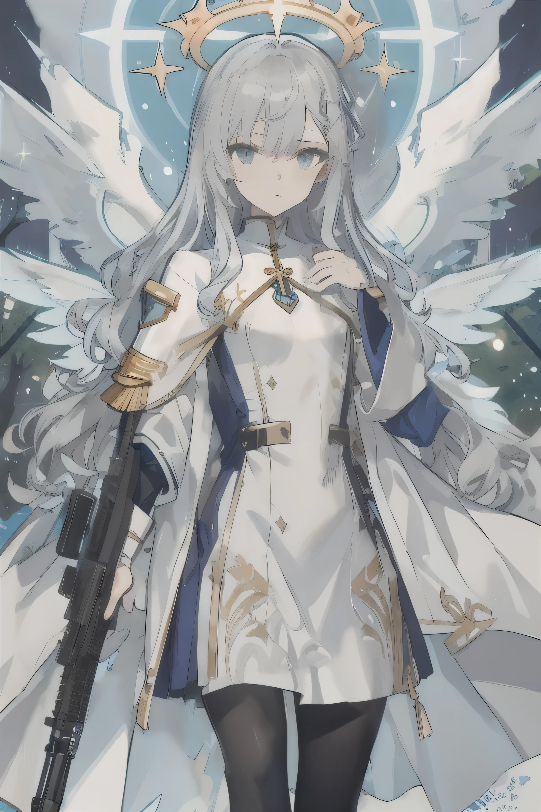 Cowboy Shot, alone, silver wavy long hair,Star Halo,Assault rifle,Bangs,Ribbon on chest,calm woman,tights,Tree Eyes,Lady,Small breasts,slender,priest clothes