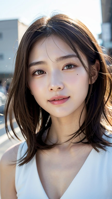 With the alleys of Kyoto in the background、18 year old girl、independent、Look forward、Light eye makeup、Brown Hair Color、flat 、hair blowing in the wind、quality of actress、Shiny, Ultra-realistic faces、smileの表情、Watery eyes、look up、Calming lighting effects、 Ultra-Realistic Capture、Very detailed、High resolution 16K human skin close-up。Skin texture must be natural、Must be so detailed that pores are visible、skin is healthy、Must be an even tone、Use natural light and color、High quality photos taken by a modeling agency'Exclusive photographer、smile、one person