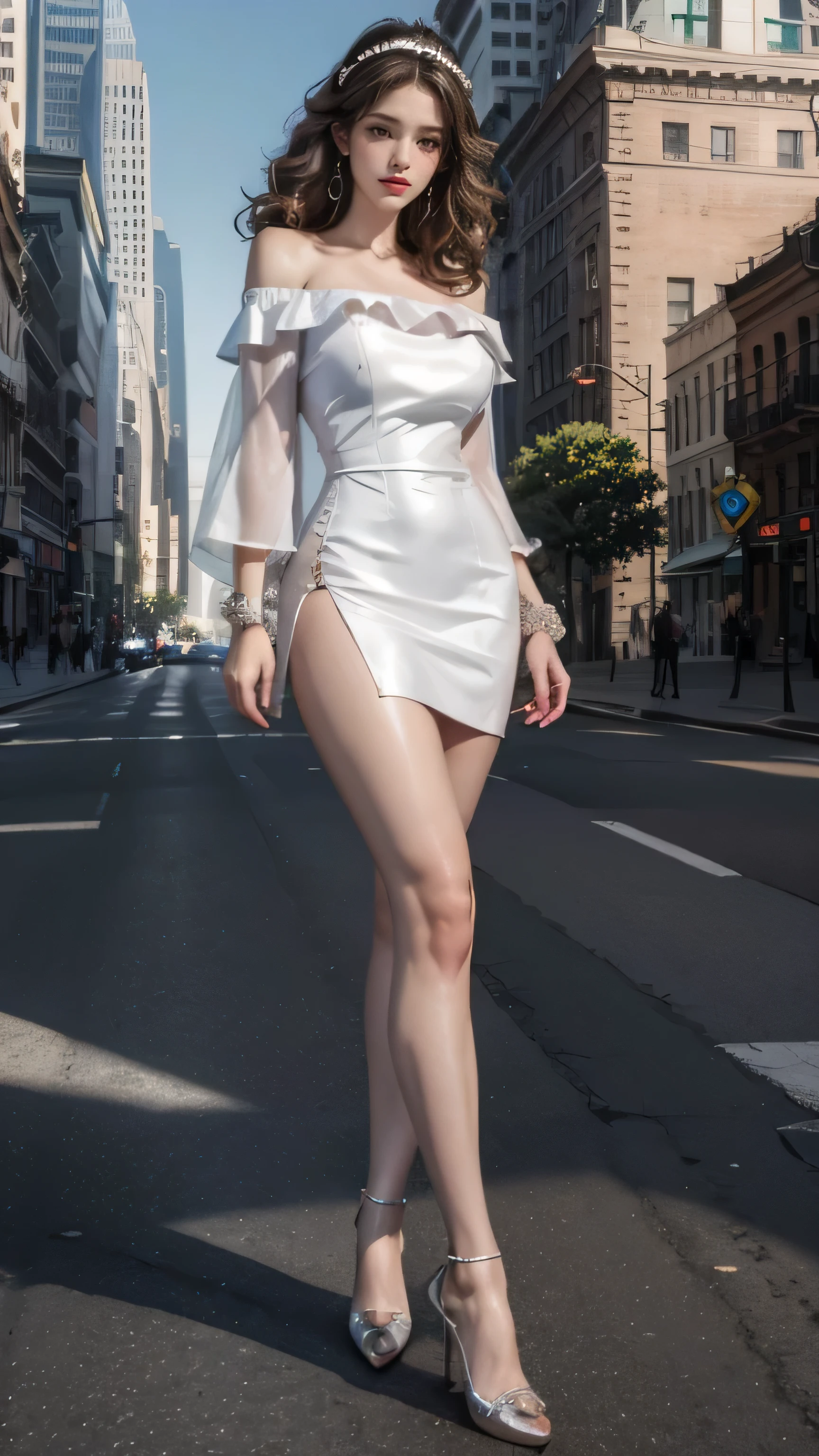 (The legs are very thin and straight),(Very long legs,Straight Legs),High heel,Long legs,Leg length from the front,Perfect body,Have perfect legs,(Exterior),((whole body)),Clear face,Pretty face,8K,masterpiece,original photo,Best quality,detail:1.2,Reality,detail,Very detailed ED,CG,Unite,wallpaper,Depth of Field,illumination,lens flare,Ray Tracing,(Very beautiful face,Beautiful lips,beautiful eyes),complex,Detailed face,1 Girl,(very slim body:1.3),