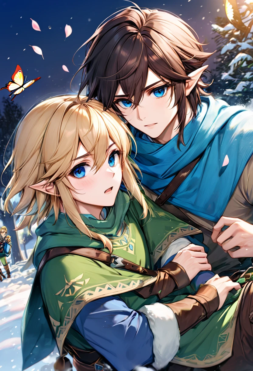 absurdres, highres, ultra detailed, HDR, master piece, best quality, Link, breath of the wild, medium blond hair, expressive sky-blue eyes, blue tunic, The legend of zelda, Link, twilight princess, short dark brown hair, expressive dark-blue eyes, green tunic, 2men together, gay couple, handsome, winter, petals, flowers, garden, butterflies, snow