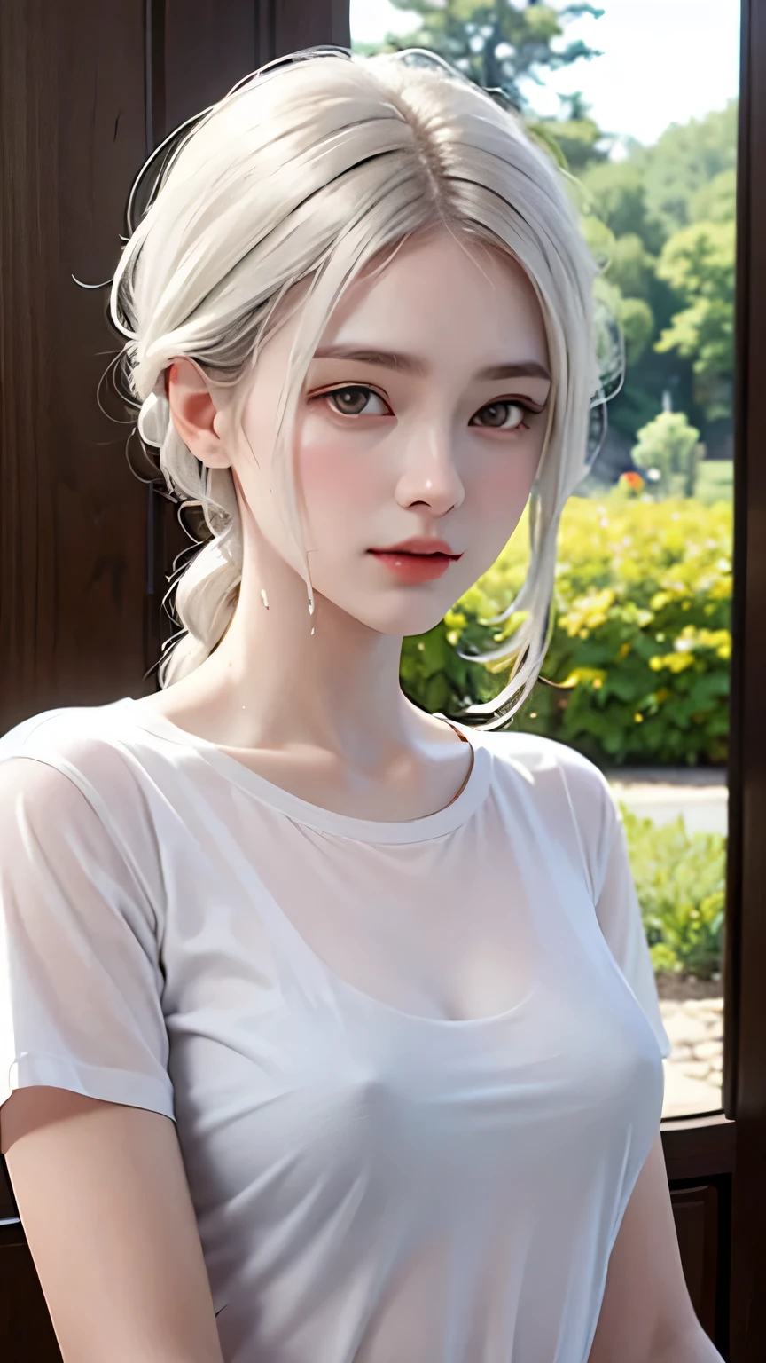 best quality, Masterpiece,white hair, golden eyes,white t-shirt, search, upper body,hair,Beautiful skin,side braid,see through shirt,Wet shirt,transparent clothes,Thin clothes
