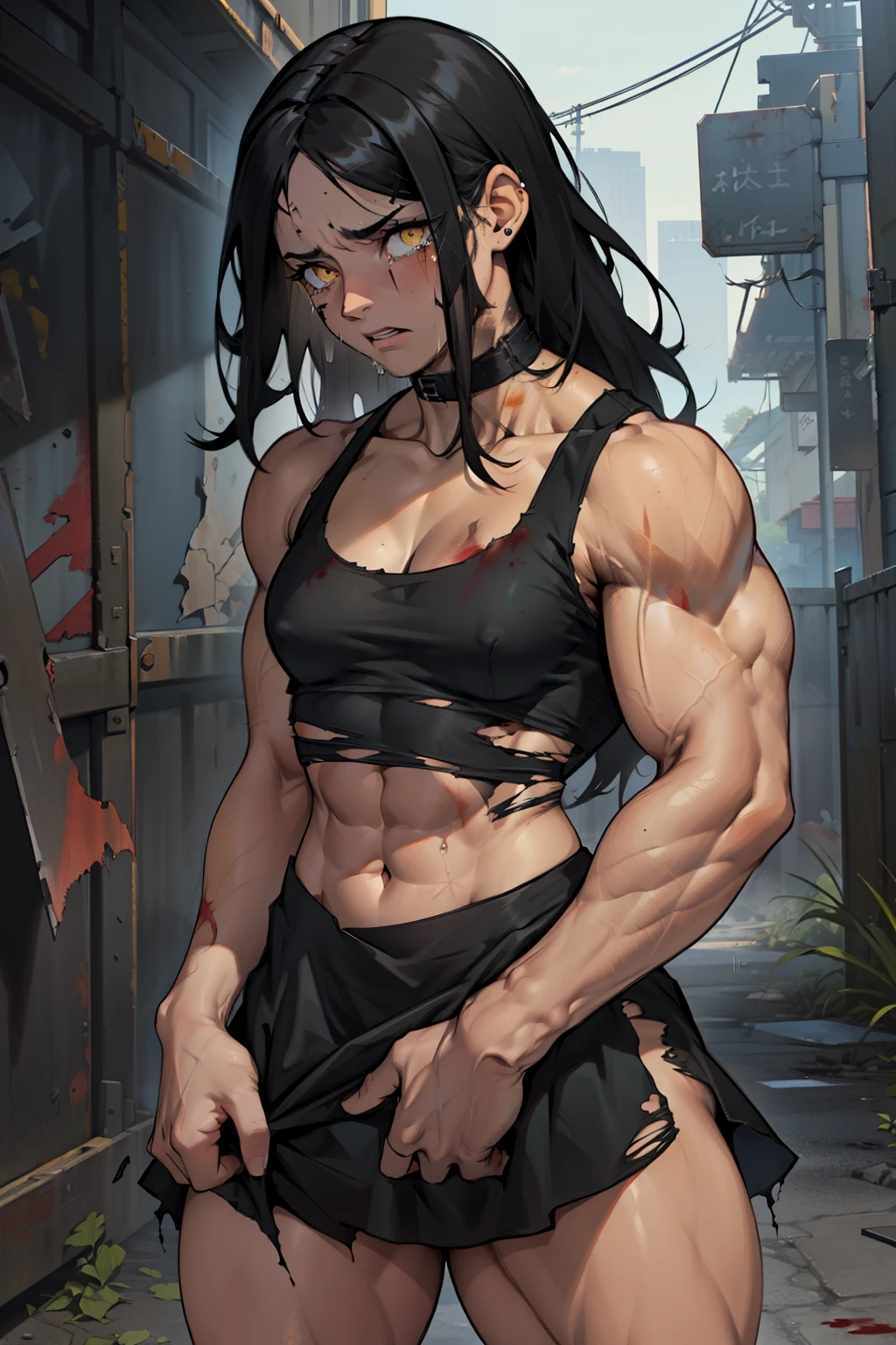 pale skin black hair yellow eyes, solo, (((small breasts))), navel, abs, looking at viewer, midriff, ((torn clothes)), bruised, bruises, ((bleeding)), ((bruise)), ((tears)), crying, (tan), from behind, (((((muscular))))), (((((thick thighs))))), (((black dress))) long hair