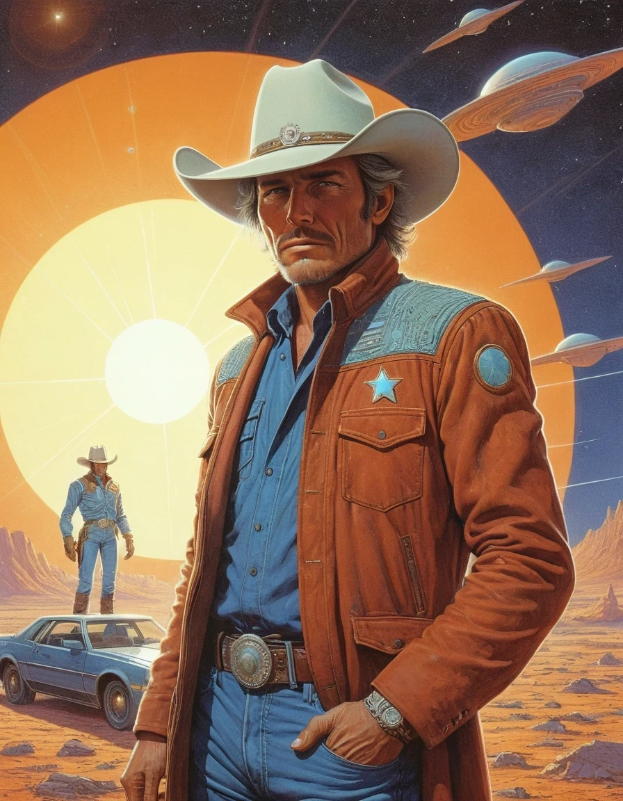 in style of Retrofuturism, portrait, beautiful detailed，Moebius art style, 80's sci-fi fantasy magazine art, professional illustration, super detailed, amazing images of {star cowboys}, action backgrounds, cinematic compositions