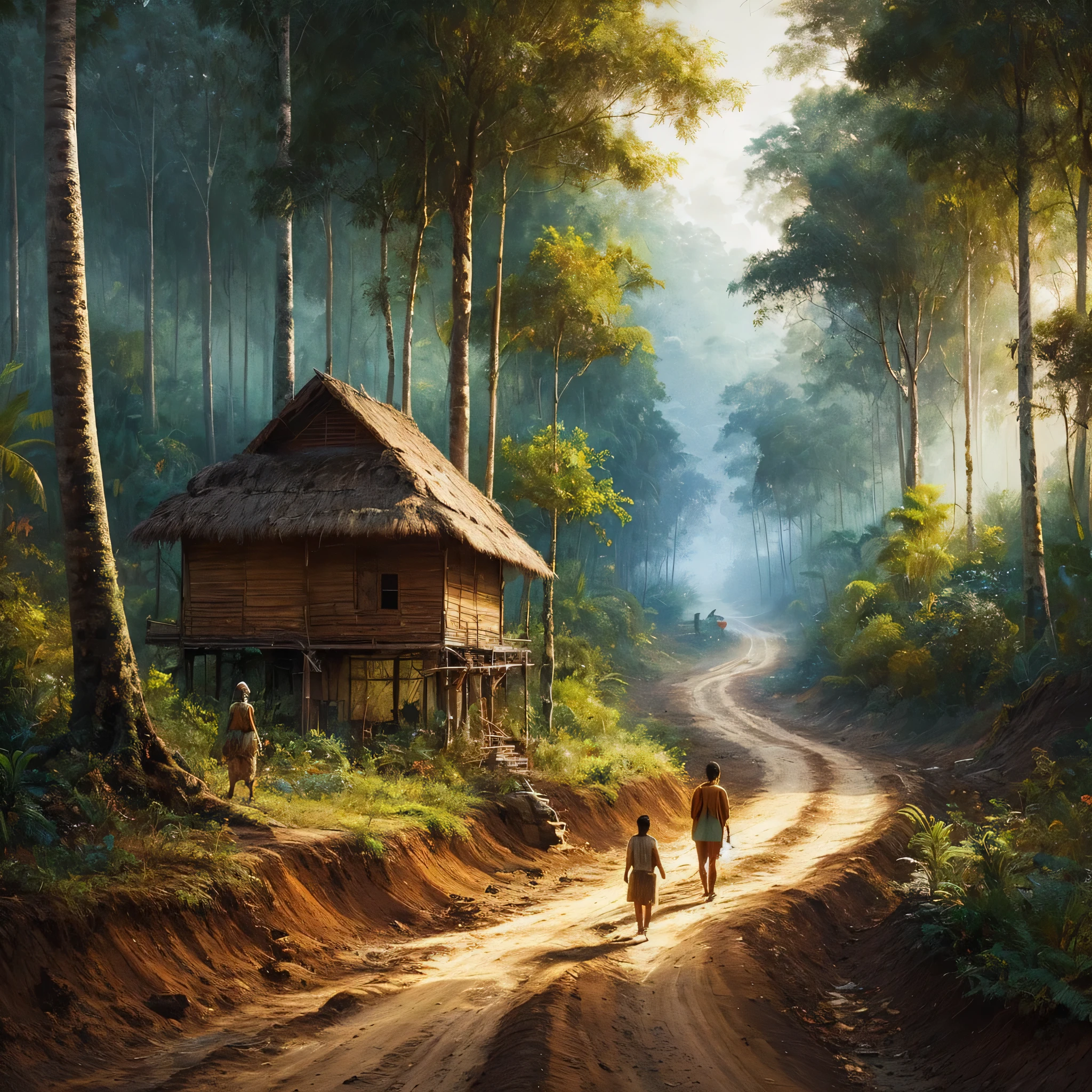 a painting of two people walking down a dirt road, a fine art painting, trending on cg society, sumatraism, house in forest, son, tropical location, mobile wallpaper