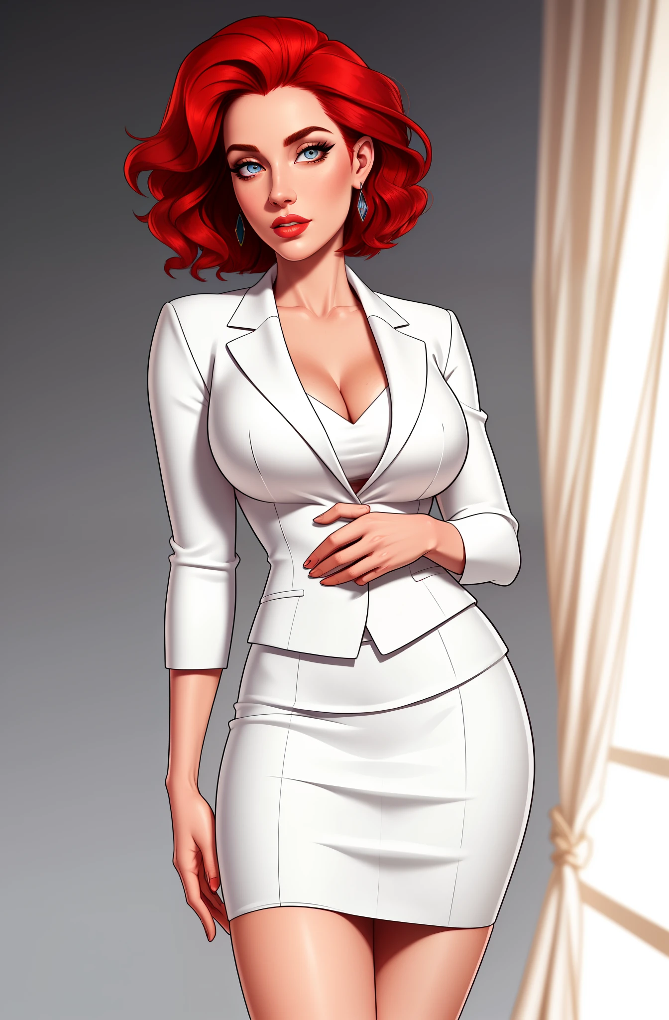 high quality,resolution:8k,realistic,Carolyn Dunn,red hair,bobcut,beautiful detailed eyes,beautiful detailed lips,white suit,pencil skirt,high heels,vivid colors,portraits,studio lighting, open blazer, white bra, cleavage, toned muscles, toned 8 pack abs