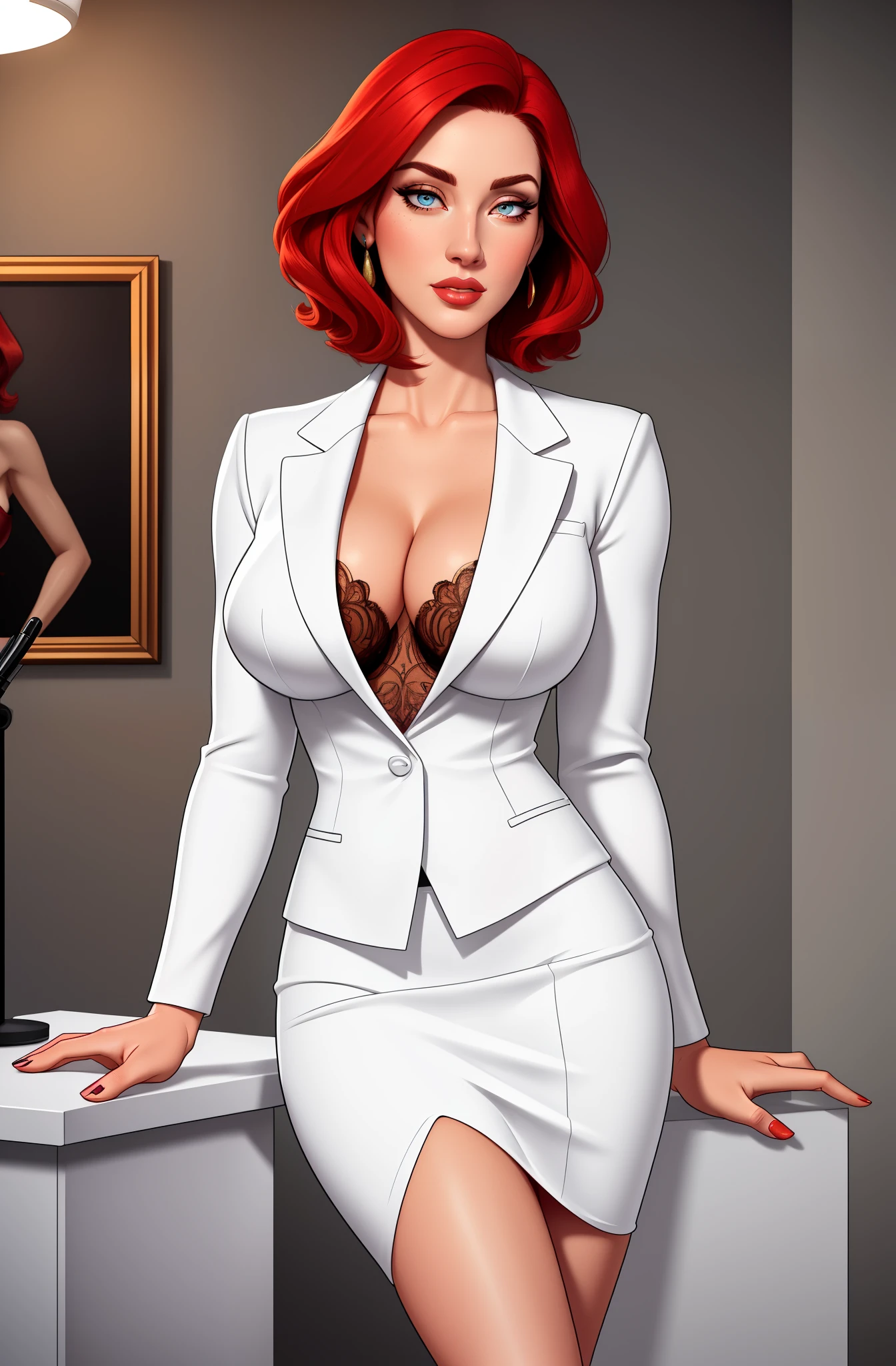 high quality,resolution:8k,realistic,Carolyn Dunn,red hair,bobcut,beautiful detailed eyes,beautiful detailed lips,white suit,pencil skirt,high heels,vivid colors,portraits,studio lighting