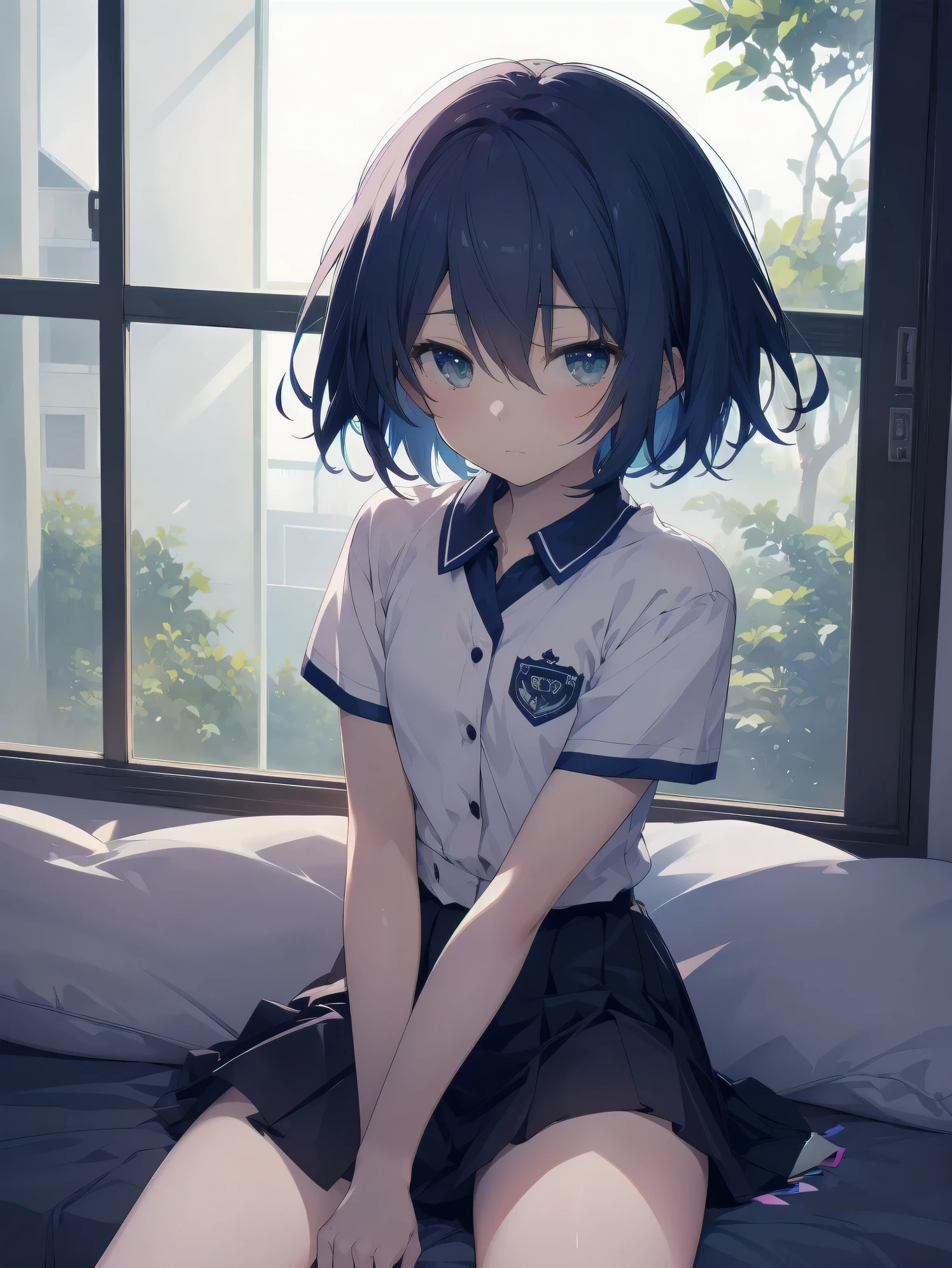 God quality, okada kou artstyle,best anime 8k konachan wallpaper,badass anime 8k,perfect anatomy, (Please Draw a picture of a girl lying on the bed and reading a book.),break, 1girl, (Solo,Loli,,13-ye-ol3),a ior high sccharm, (Very Short hair), Full limbs, complete fingers,flat chest, Small butt, groin, Small eyes,finely 8k detailed beautiful black eyes,Massage your vagina with one hand,masturbation,school Uniform, in the one's own room. break,ultra-detailed,high resolution,super detailed skin, professional lighting, (cool illustration:1.2),