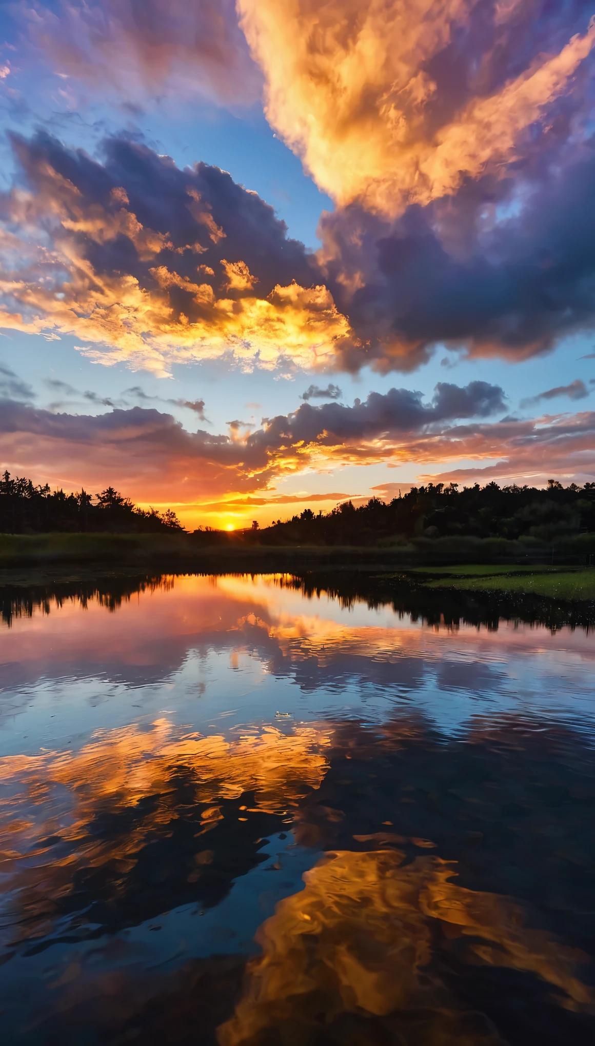 
A breathtaking view of a sunset or sunrise, with the sky and clouds reflecting on a calm body of water below.