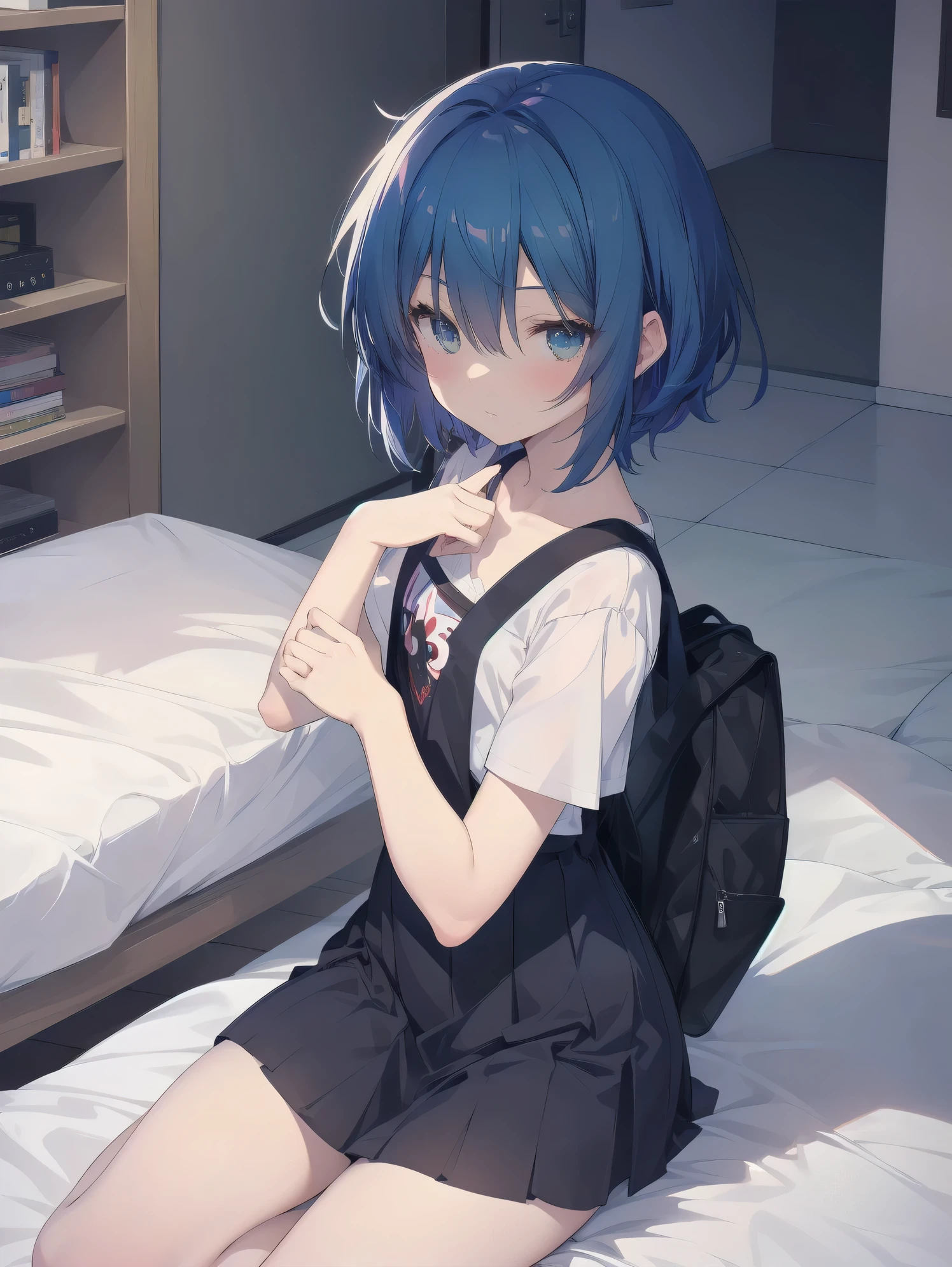 ultra-absurdres-Top quality by artist God, ultra-detailed, high resolution, anime moe artstyle, best anime 8k konachan wallpaper, pixiv contest winner, pool:544,perfect anatomy,break, 1girl, (Please draw a girl sitting on bed alone. )break,(Solo,little female, 13-year-old:1.3),Full limbs, complete fingers,a junior high school student, (very short hair), short cut, flat chest, , small butt, small black eyes, beautiful detailed eyes, well-proportioned iris and pupils, expressive eyes, highres detailed hair, soft expression, blush, in heat, school_uniform, official_alternate_costume, pleated skirt, sitting, on bed, (Detailed Lighting), (Detailed background), in the unpopular infirmary, break,super detailed skin, Best cinematic lighting powered by famous artist, 8k,beauty illustration,photoshop_(medium),very aesthetic,break,((artist:tony_taka )), artist:akinashi yuu ,artist:oyari ashito ,artist:kantoku ,