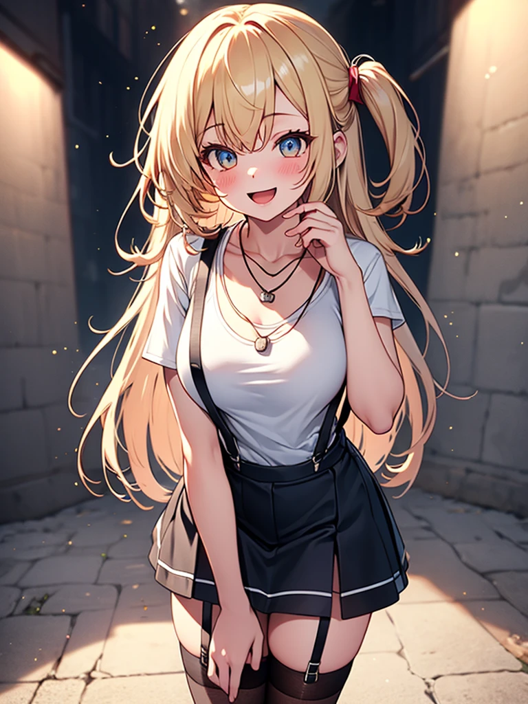 score_9, score_8_up, score_7_up, score_6_up, score_5_up, score_4_up, source_anime, 1girl,masterpiece, best quality, highres, lucy heartfilia, smile, blonde hair, brown eyes, long hair, side ponytail, blue ribbon, large breasts, earrings, black dress, thighhigh boots, sleeveless shirt, white skirt, w-w-chain, shackles, raise arms, dungeon, dampness, best quality, best res, 4K UHD,
 