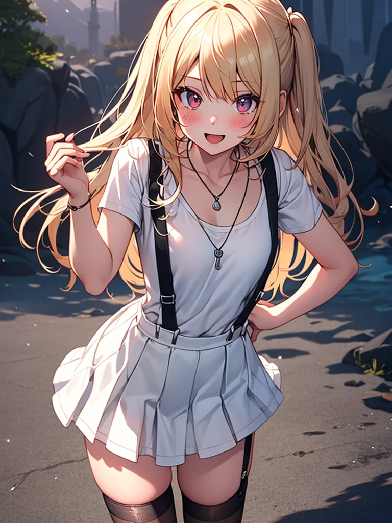 The strong wind is blowing her skirt up、White lace lining is visible、