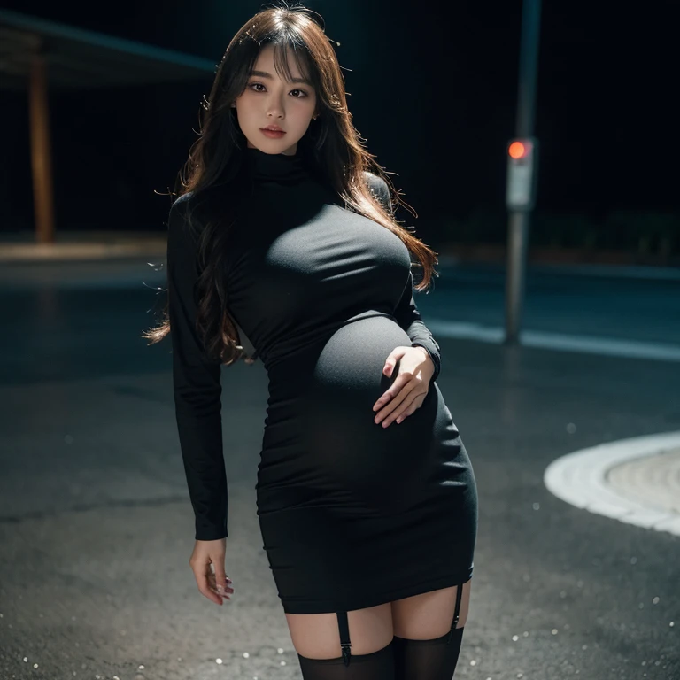 (Very detailed,night， In the dimly lit chambers， A girl，Married，Married woman，30 Eternal Light，Mother，The charm remains，black发，a little fat, full, Big sagging breasts, huge big , pregnant, huge pregnant, big pregnant, 9 months, pregnant, 怀着双胞胎的pregnant，Delicate face, Sexy, Wear a turtleneck dress, Bodycon Dress, suspender skirt,Hip skirt，black色Hip skirt，black，garter stockings，suit，suitcoat，coat， HD, full body shot, Work，Water breaks，expiry date，Realistic perfect body, Very realistic)