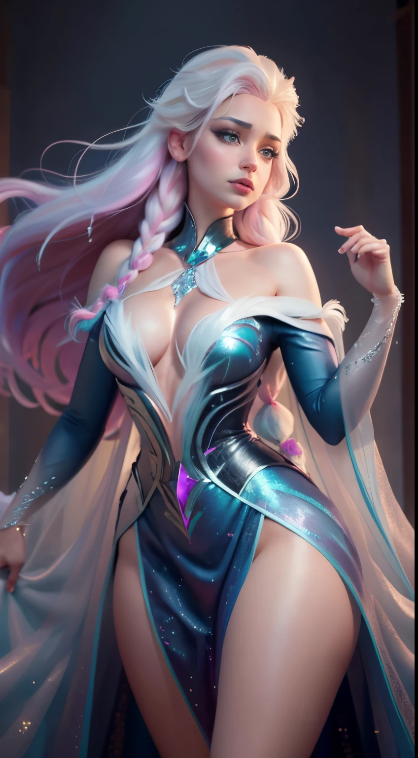 (elsa frozen-rose quartz SU mezclando modelos .) (ultra FUSION) Highly detailed CG unity 8k wallpaper, style shot, complex, high detail, dramatic, highest quality movie still image, very detailed, masterpiece, best quality, character design, Elsa, Elsa from Frozen,Pink Diamond fusion (( Dark style)), realistic ultra-detailed rendering style, natural light, sharp character design, (hard focus, 8k), (((natural skin texture))), 8k textures, soft cinematic lighting, adobe lightroom, dark room, hdr, Sophisticated, Elegant, Rich Detail, Sharp Focuilm Look) )), Soothing Tones, Detail Frenzy, Intricate Detail, Super Detail, Low Contrast, Soft Film Lighting, Dull Colors, Exposure Blending, HDR, Fade, 35mm, f/1.4, ISO64, f16, 25 sec.