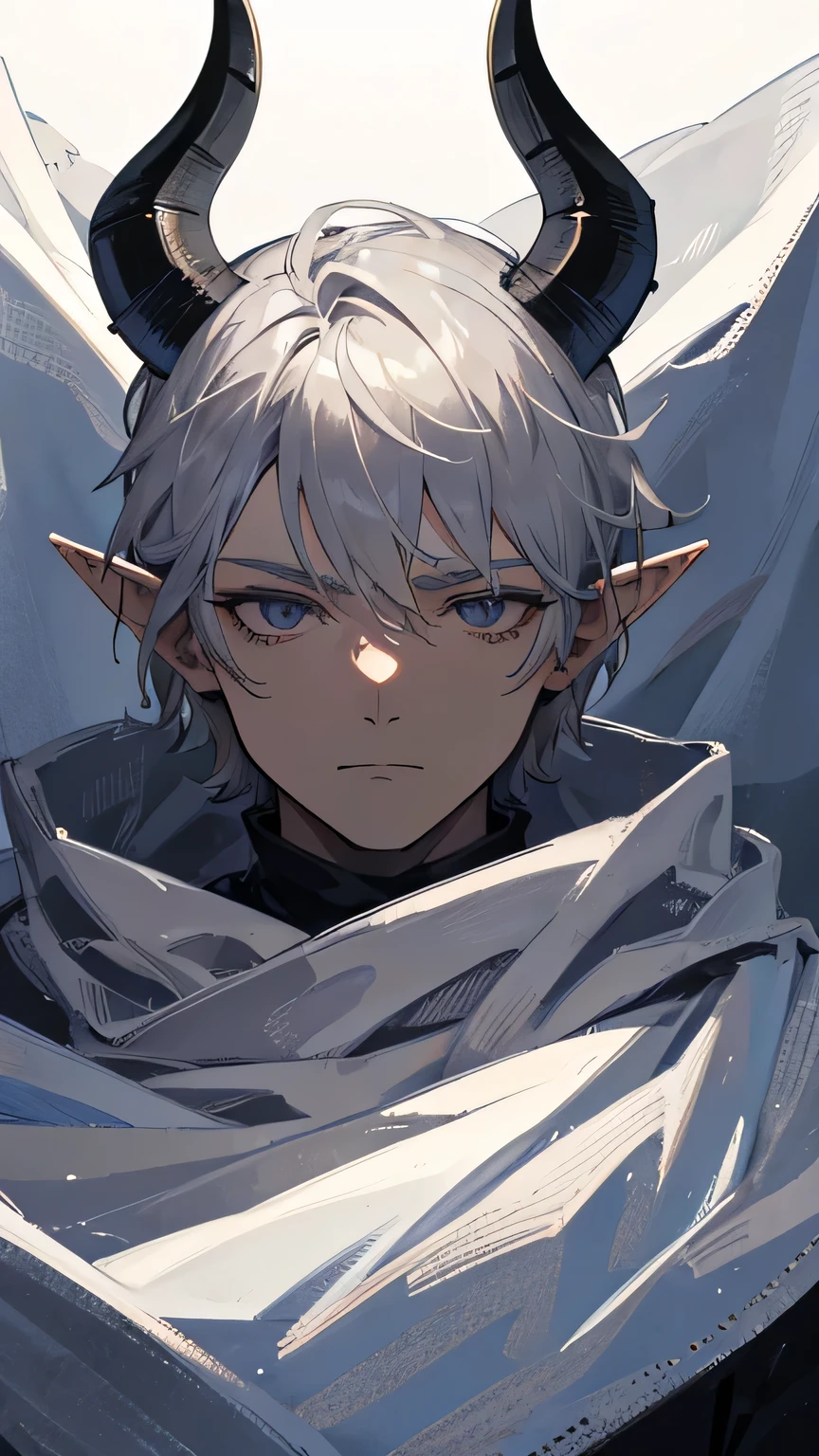 upper body, face forward, ID photo, a man, grey silver hair, short hair, male elf, masterpiece, portrait, very simple cloth, simple cloak, horned elf, 1 demon's horn, small beautiful horn, beautiful black eyes, A man who looks sleep deprived, Detail view, cinematic lighting, amazing quality, 1 boy, great shading, soft lighting, Face-to-face camera,  perfect eyes, dark light, white background, simple background