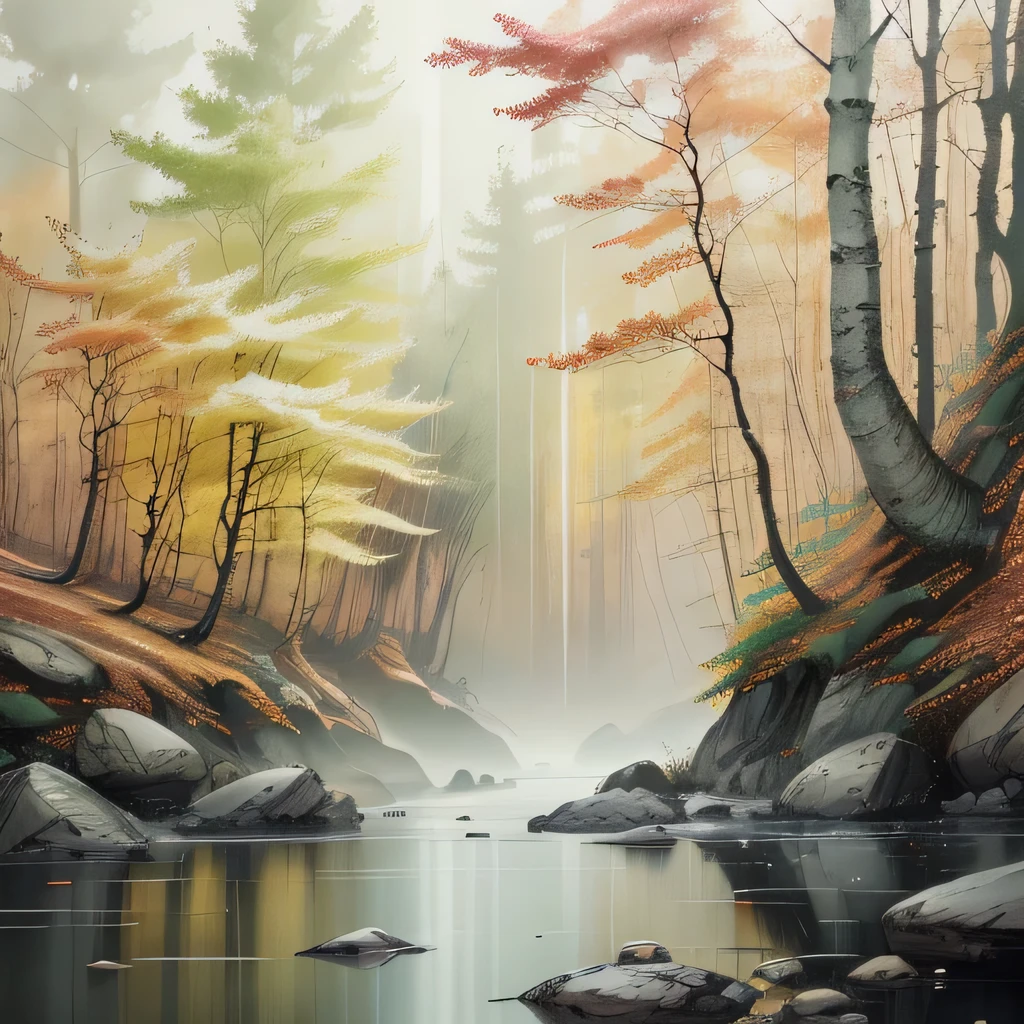 A matte painting of a Carboniferous autumn forest, It's Raining Evgeny Rushpin, Jim Barnes and Greg Rutkowski, realistic concept art , complementary color, 8k resolution, Trending on ArtStation, Wide-angle lens