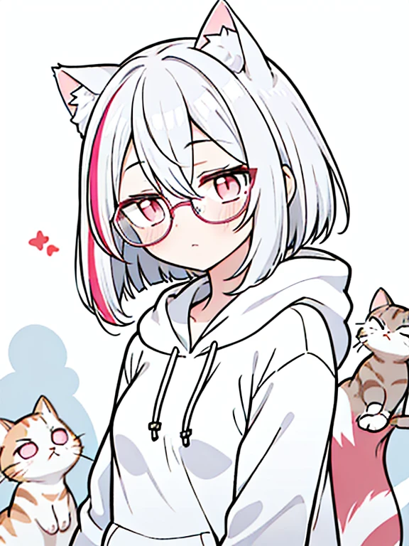 best quality, masterpiece, 1 girl, li, upper body, hairs between eyes, female, pink eyes, long hair, small breasts, glasses, bob cut, expressionless, wink , cat ears, white hair, silver hair, streaked hair，hoodie,  murder, long bangs