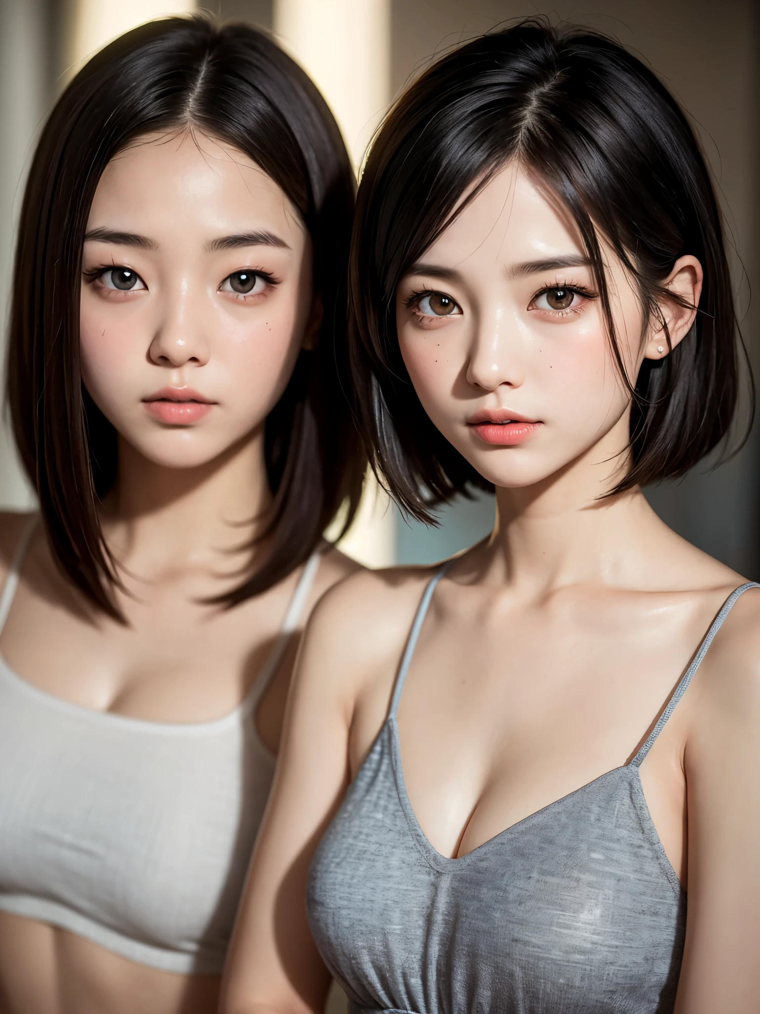 (Japanese women、female university student)、20-year-old, very cute, beautiful, (embarrassed:1.3), blush、highest quality、masterpiece、Ultra-detailed finish、Ultra HD、8K, High resolution、RAW photo, photorealistic、Slim figure、High definition face、Face is in focus、High definition eyes, Moist eyes、(Focused, symmetrical pupils:1.2)、High-definition and beautiful skin、Firm Skin、Natural Makeup、gross lip, High-definition hair texture,looking at viewer, cowboy shot, (short hair:1.3), camisole