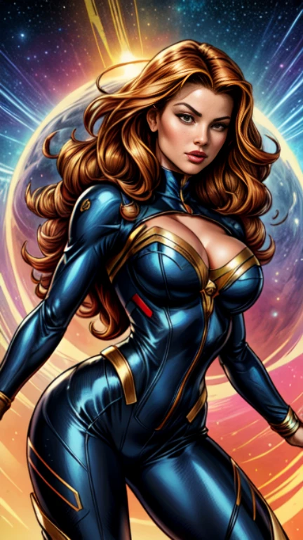 masterpiece,very sharp image,extremely beautiful woman space retro futurism, beautiful face,hi-tech armour over colorful catsuit, long curly hair,in deep space, with several planets and suns in the background Excellent sense,medium breasts,cleavage,American Comics,(((The Perfect One Woman))),(((one person))),colorful,highly detailed body,highly detailed face,SF,((dynamic pose)), ((dynamic angle))