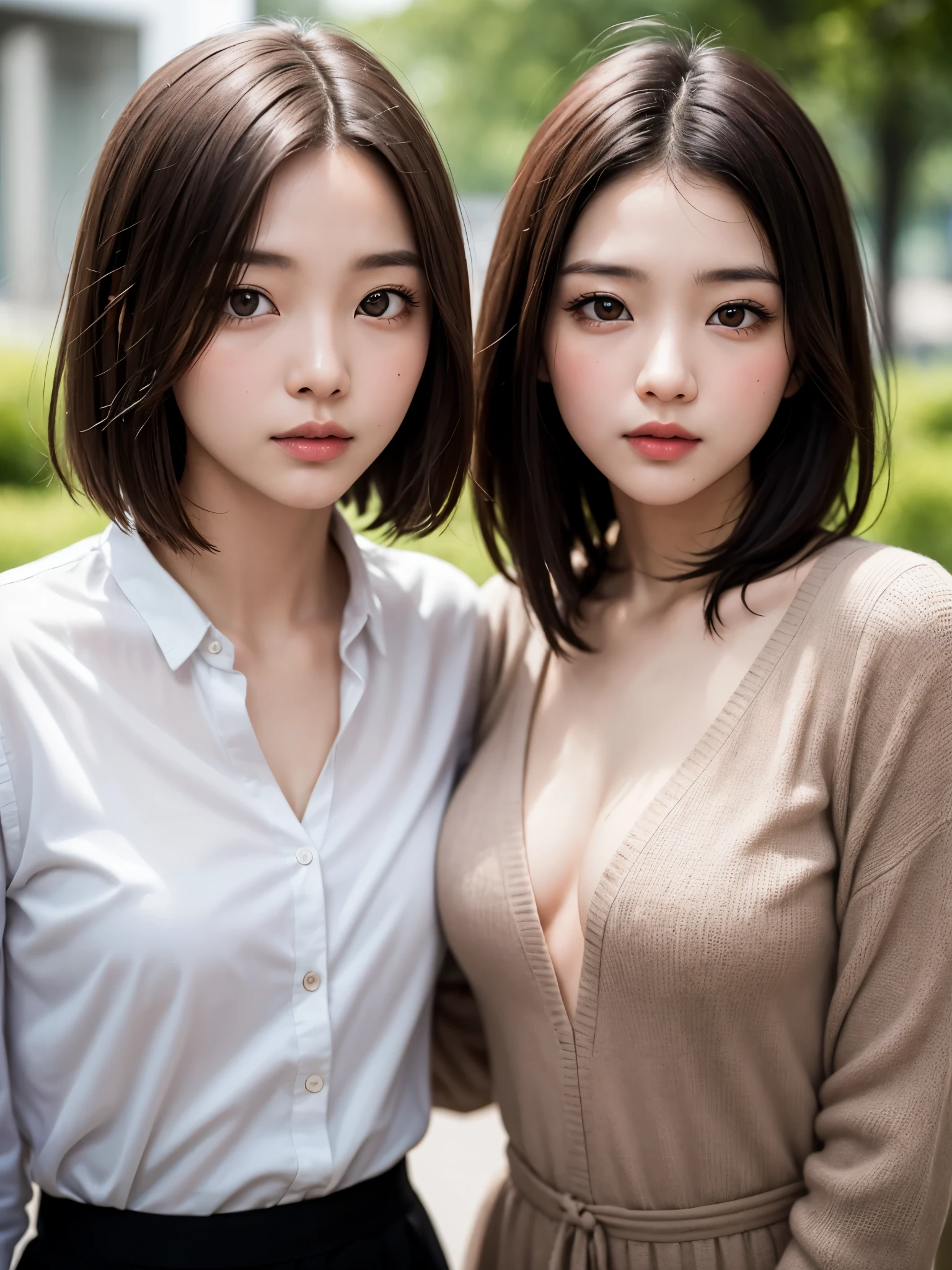(Japanese women、female university student)、20-year-old, very cute, beautiful, (embarrassed:1.3), blush、highest quality、masterpiece、Ultra-detailed finish、Ultra HD、8K, High resolution、RAW photo, photorealistic、Slim figure、High definition face、Face is in focus、High definition eyes, Moist eyes、(Focused, symmetrical pupils:1.2)、High-definition and beautiful skin、Firm Skin、Natural Makeup、gross lip, High-definition hair texture, (looking at viewer:1.1), cowboy shot, (short hair:1.3), shirt