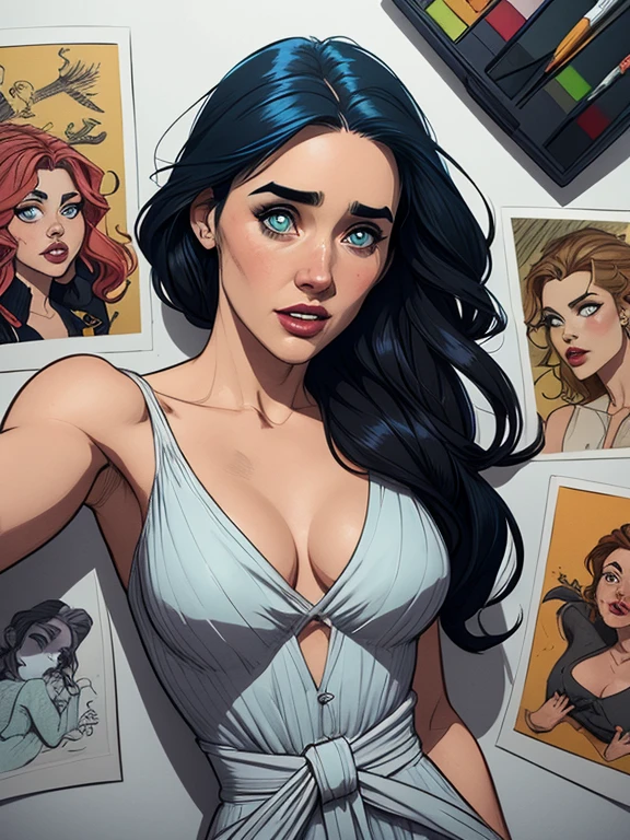 Personagem mulher bruxa Jennifer Connelly com marcas de guerras Imagem de desenho animado de uma mulher .cartoon style illustration, estilo de arte dos desenhos animados, estilo de arte dos desenhos animados, digital illustration style, design de personagens altamente detalhado, arte digital detalhada coragem, cemetery with zombies, Design de personagens de retrato, beautiful digital illustration, retrato de alta qualidade, Arte em quadrinhos, mulher jovem cabelo com transas lindas . Beautiful lined eyes Medium large bust and wonderful sexy clothes. image expression of sexual desire from waist to head illustration Jennifer Connelly