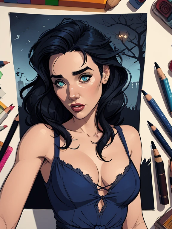 Personagem mulher bruxa Jennifer Connelly com marcas de guerras Imagem de desenho animado de uma mulher .cartoon style illustration, estilo de arte dos desenhos animados, estilo de arte dos desenhos animados, digital illustration style, design de personagens altamente detalhado, arte digital detalhada coragem, cemetery with zombies, Design de personagens de retrato, beautiful digital illustration, retrato de alta qualidade, Arte em quadrinhos, mulher jovem cabelo com transas lindas . Beautiful lined eyes Medium large bust and wonderful sexy clothes. image expression of sexual desire from waist to head illustration Jennifer Connelly 
