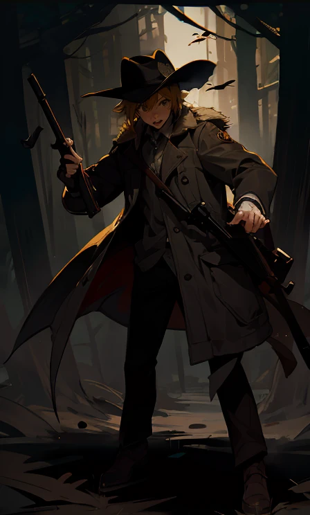 (highest quality), 1 Male, :d,((Eerie Dark Forest:1.2)),(((Full Body:1.3))),(((((Hunter's Clothes))))),Cowboy hat,Blonde,Short Hair,Qingtong,((The man is holding a hunting rifle)),It's a very scary forest,(Angry expression:1.2),((((It's very dark out there)))),((The man is pointing a gun at the monster)),