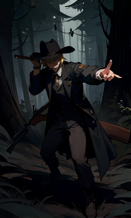 (highest quality), 1 Male, :d,((Eerie Dark Forest:1.2)),(((Full Body:1.3))),(((((Hunter's Clothes))))),Cowboy hat,Blonde,Short Hair,Qingtong,((The man is holding a hunting rifle)),It's a very scary forest,(Angry expression:1.2),((((It's very dark out there)))),((The man is pointing a gun at the monster)),