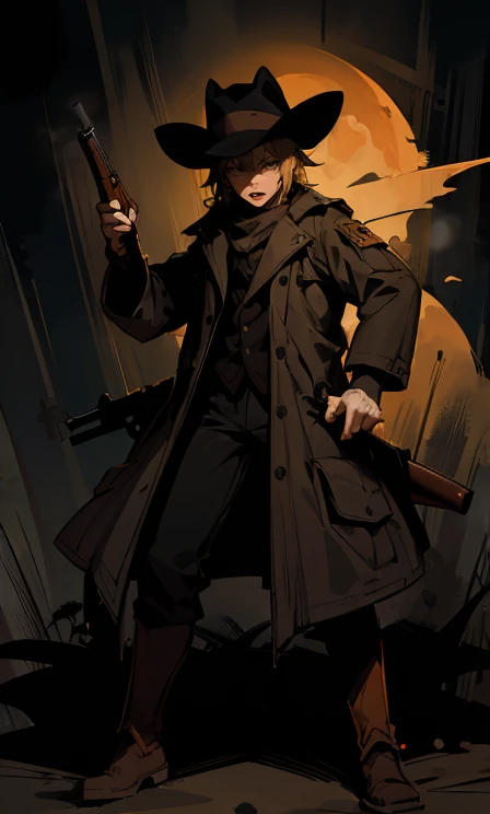 (highest quality), 1 Male, :d,((Eerie Dark Forest:1.2)),(((Full Body:1.3))),(((((Hunter's Clothes))))),Cowboy hat,Blonde,Short Hair,Qingtong,((The man is holding a hunting rifle)),It's a very scary forest,(Angry expression:1.2),((((It's very dark out there)))),((The man is pointing a gun at the monster)),