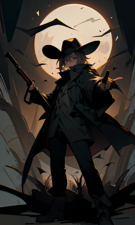 (highest quality), 1 Male, :d,((Eerie Dark Forest:1.2)),(((Full Body:1.3))),(((((Hunter&#39;s Clothes))))),Cowboy hat,Blonde,Short Hair,Qingtong,((The man is holding a hunting rifle)),It&#39;s a very scary forest,(Angry expression:1.2),((((It&#39;s very dark out there)))),((The man is pointing a gun at the monster)),