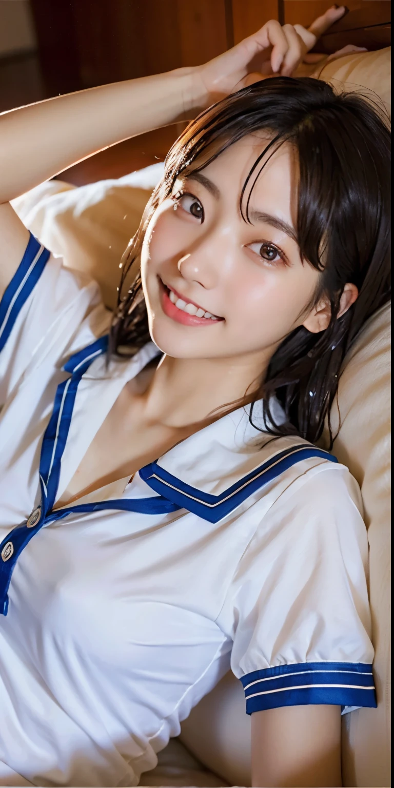 ulzzang-6500-v1.1, (Raw photo:1.2), (Photorealistic:1.4), Beautiful detailed girl, Very detailed eyes and face, Beautiful detailed eyes, Huge file size, (Big), High Resolution, Very detailed, Best quality, [Masterpiece:1.6], [JK Uniform], Illustration, Very detailed, CG, Fine detail, Best quality, Highly detailed CG uniform 8k wallpaper, movie lighting, 1 girl, , cute Japan high school girl, perfect figure, [unbuttoned white school blouse], large taut breasts, [huge breasts, heavy breasts: 1.6], cute droopy eyes, beautiful big eyes, white school blouse, see-through bra, sweaty and wet, [sexual arousal: 1.1], [Sexual arousal: 1.1] Lying in bed: 1.5], hands raised,  ribbon around the neck, smile, (the whole body is wet), shining eyes