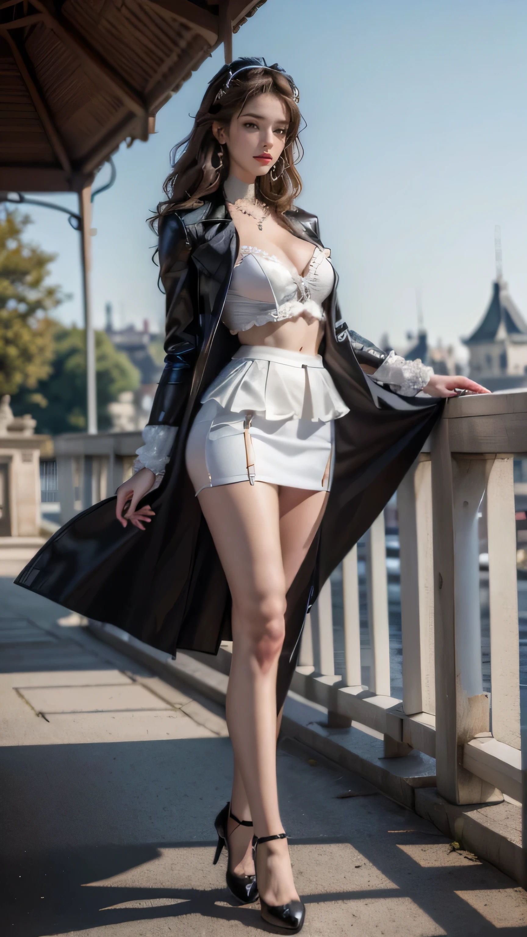 (New York cityscape woman riding a bike),(masterpiece, highest quality, Realistically, work, Very detailed, 8k), ((Wide-angle lens, Full body woman love)), 1 girl,light makeup,exquisite features,smile,exquisite crystal jewelry,heart shaped necklace,Crystal Headband,Light brown hair, Pompadour hairstyle, curl,Correct finger structure,White blouse、black tight mini skirt、Black long coat、Leather shoes,Long legs,Frontal standing posture ,Full body portrait,European castles are hazy、kawasaki750cc,Riding a bike、