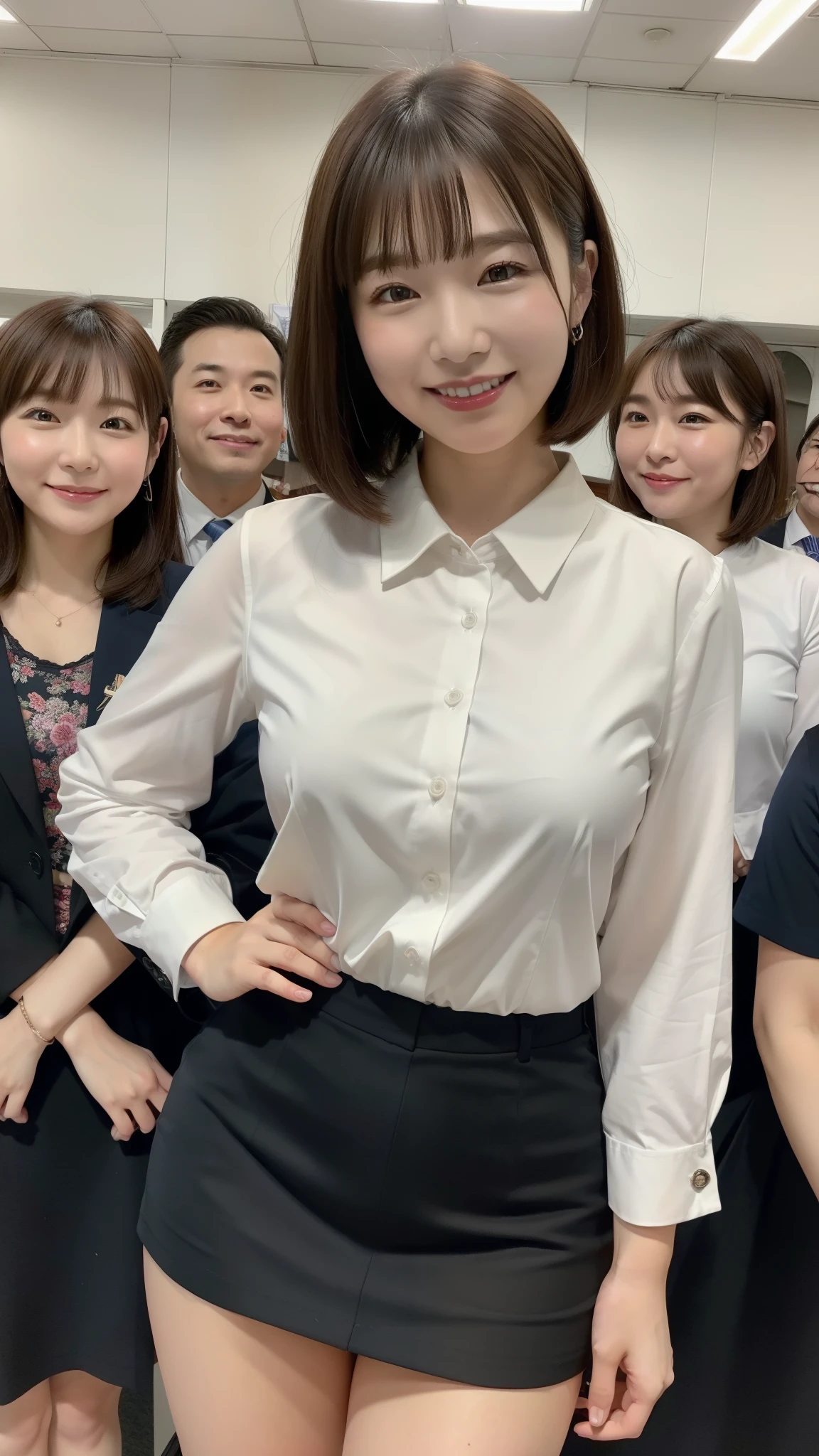 ((highest quality, 8k, Representative works in detail, Ultra-high resolution)), (Group photo), (Looking at the audience), (Mid Shot:), 魅力的なビジネスウーマン5-people, 5-people, A little chubby:0.25, White collared shirt, Grey Skirt, (officeの机にあぐらをかいて座っている)), smile, president&#39;office,Large bust、mini skirt、panties