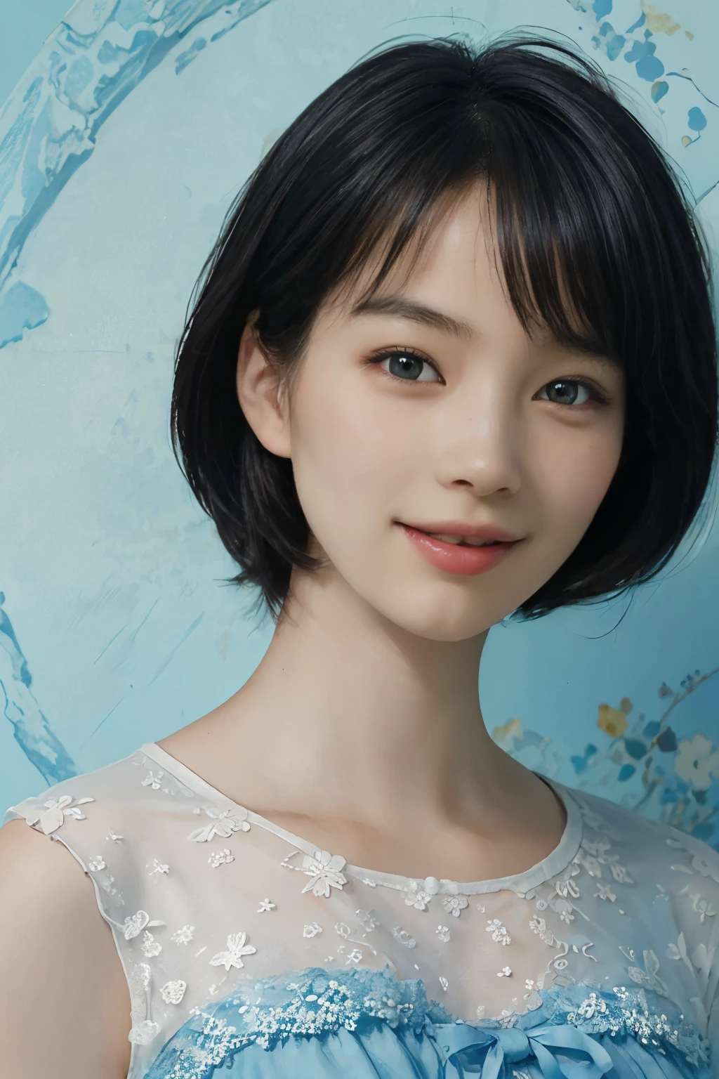 (A hyper-realistic), (illustration), (hight resolution), (8K), (highly detailed), (The best illustrations), (detailed face), (beautiful detailed eyes), (top-quality), (masterpiece), (wall-paper), Upper body close-up, short hair,inner colored, solo, Girl in simple blue underwear, plump breasts, smile