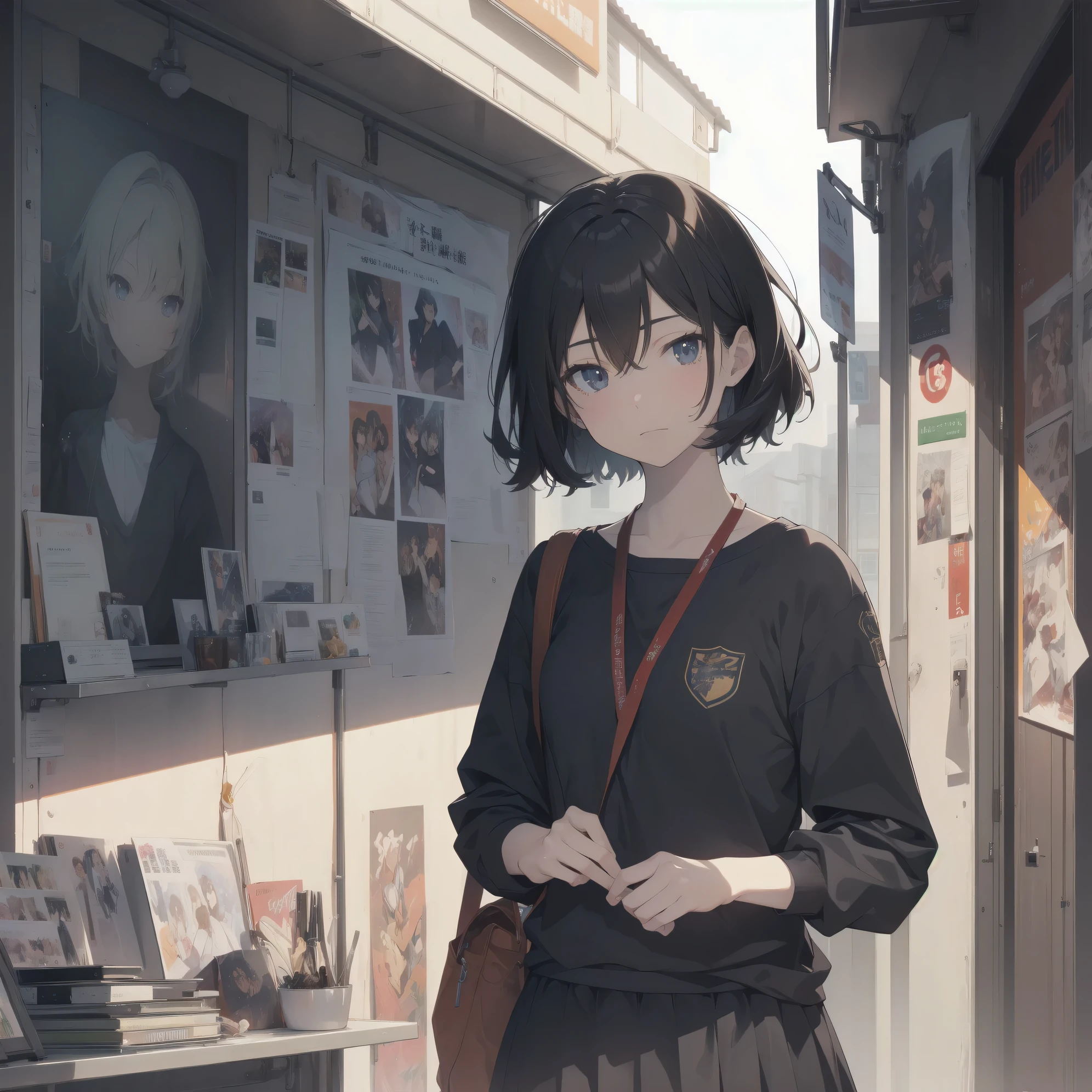 ultra-absurdres-Top quality by artist God, ultra-detailed, high resolution, anime moe artstyle, best anime 8k konachan wallpaper, pixiv contest winner,pool:2810, perfect anatomy,break, 1girl, (Please draw a girl walking sleepily to school alone. )break,(Solo,little female, 13-year-old:1.3),Full limbs, complete fingers,a junior high school student,  (very short hair), short cut, flat chest, , small butt, small black eyes, beautiful detailed eyes, well-proportioned iris and pupils, expressive eyes, highres detailed hair, soft expression, school_uniform, official_alternate_costume, pleated skirt,(Detailed Lighting), (Detailed background), in the School commute route. break,super detailed skin, Best cinematic lighting powered by famous artist, 8k,beauty illustration,photoshop_(medium),very aesthetic,break,((artist:tony_taka )), artist:akinashi yuu ,artist:oyari ashito ,artist:kantoku ,