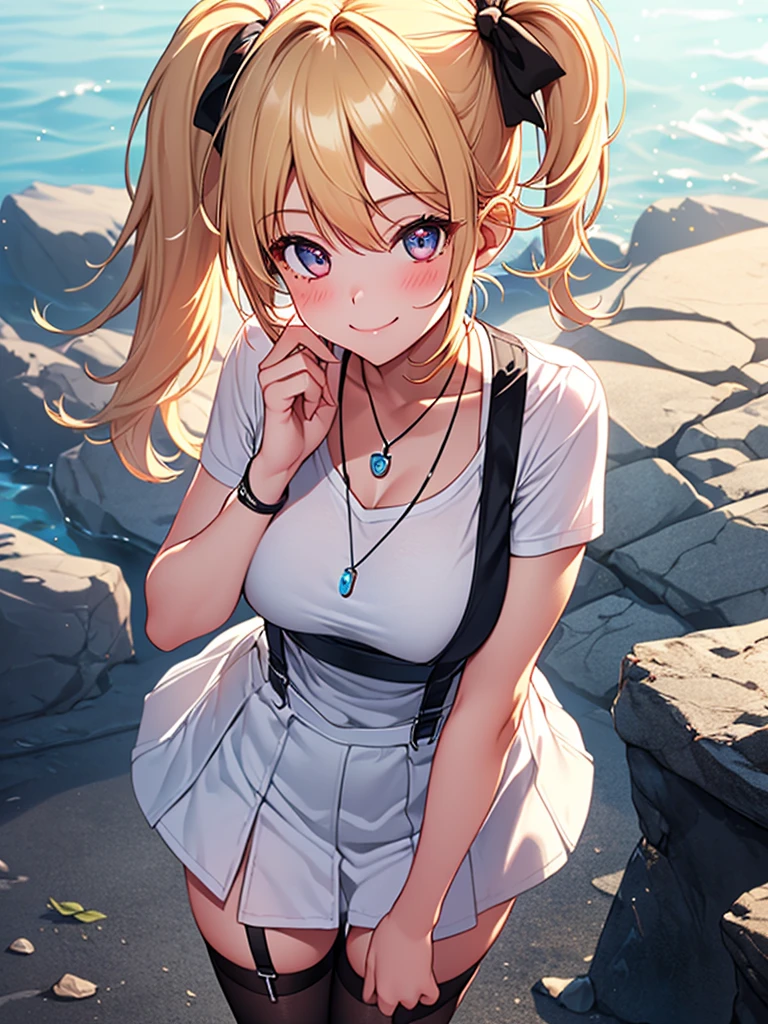  (highest quality, High resolution, perfect pixel, Depth of bounds written, 4K), detailed eyes, (from above), (1 girl), perfect body, blond hair, (side ponytail), white t-shirt, (v-neck), (black suspender skirt), necklace, (kneehighs), (standing), leaning forward, (hand on chin:1.2), (looking up), blush, light smile,