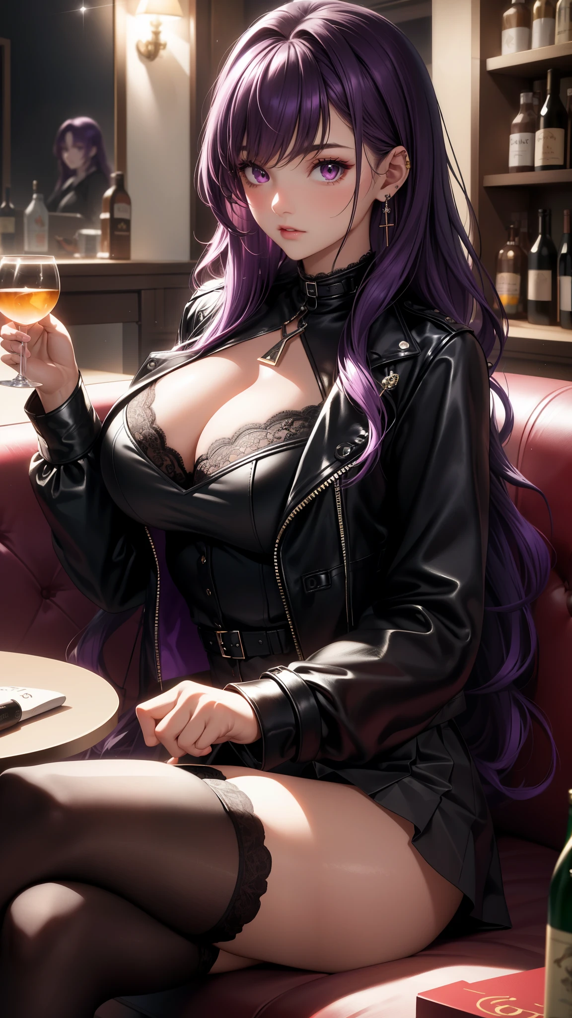 (best quality:1.1), (Masterpiece:1.2), high quality light, beautiful details, Beautiful face, detailed eyes, depth of field, high resolution, best shadow, best light, 1 girl, see the audience, shiny purple hair, smooth, blunt, long hair, (wavy hairstyle), pink eyes, shy, very big breasts, pump, Lace underwear, black leather jacket coat, black leather skirt, table, mirror, liquor bottle, night time, rift, pub bar background, sexy, cool, throw, Cool ,Ear jewelry, cross-legged sitting, sofa, black stockings, Open your mouth slightly.