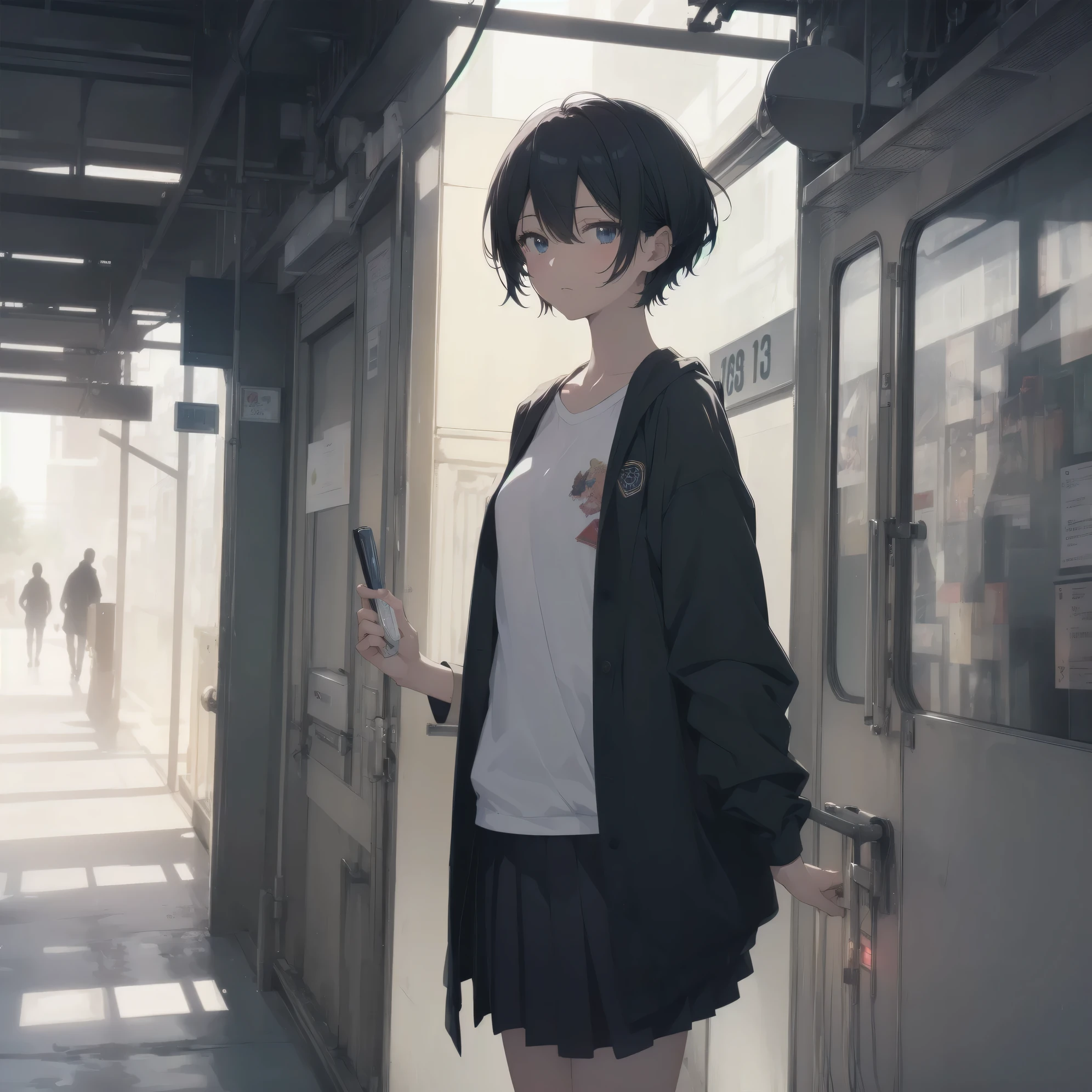 ultra-absurdres-Top quality by artist God, ultra-detailed, high resolution, anime moe artstyle, best anime 8k konachan wallpaper, pixiv contest winner,pool:2810, perfect anatomy,break, 1girl, (Please draw a girl walking sleepily to school alone. )break,(Solo,little female, 13-year-old:1.3),Full limbs, complete fingers,a junior high school student, (very short hair), short cut, flat chest, , small butt, small black eyes, beautiful detailed eyes, well-proportioned iris and pupils, expressive eyes, highres detailed hair, soft expression, school_uniform, official_alternate_costume, pleated skirt,(Detailed Lighting), (Detailed background), in the School commute route. break,super detailed skin, Best cinematic lighting powered by famous artist, 8k,beauty illustration,photoshop_(medium),very aesthetic,break,((artist:tony_taka )), artist:akinashi yuu ,artist:oyari ashito ,artist:kantoku ,