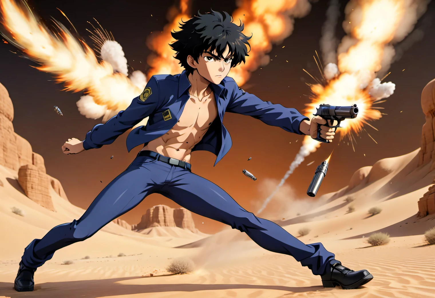 A scene from the anime Cowboy Bebop, the character Spike Spiegel stands with his legs apart and aims at enemies with 2 Desert Eagle cal pistols. 50, full compliance with the Spike Spiegel hero, ironcore, high definition, texture smoothing, contrast of the new anime, dynamic plot, high image complexity, high detail, in the background an exploded spaceship burns and smokes, octane render, 3D effect