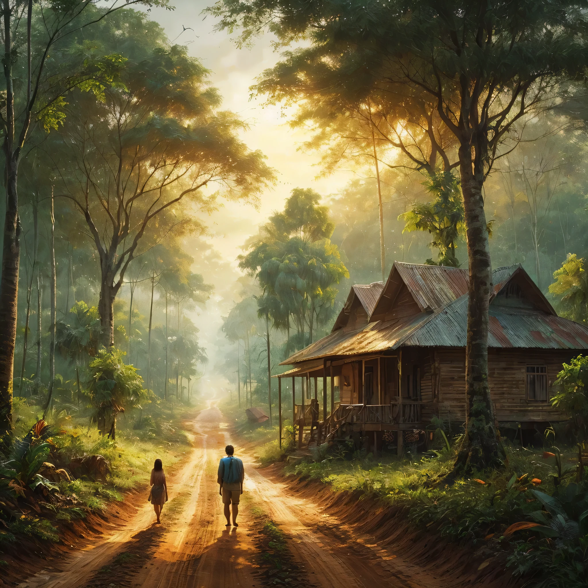 a painting of two people walking down a dirt road, a fine art painting, trending on cg society, sumatraism, house in forest, son, tropical location, mobile wallpaper