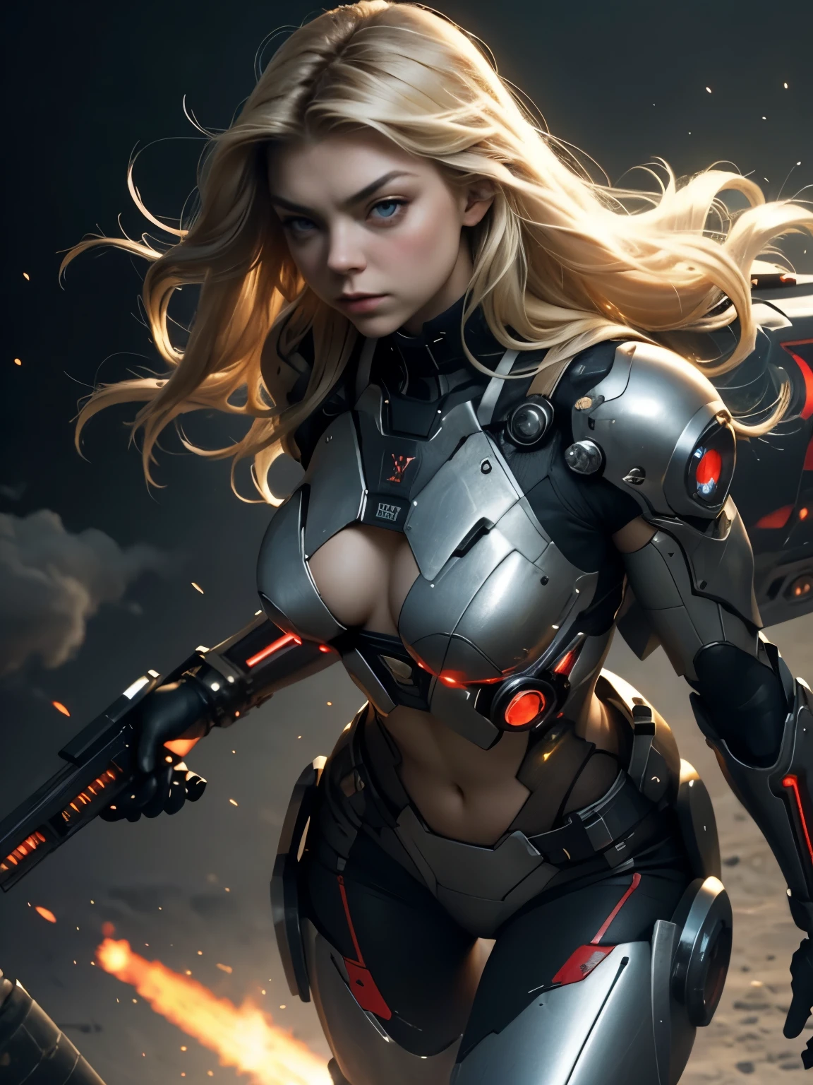 Natalie Dormer,blonde hair,straight hair,long hair,แต่งกายด้วยชุดPersian Warrior, realistic skin, incredible light, ultra realistic,complicated, Sharp focus, Ray Tracing, rtx, Professional color grading, Professional photography, Masterpiece, very detailed, High quality, best quality, 4k, 8k, raw , regeneration of the skin, big breasts,She breast size is M cup, full body, she very sexy, she have perfect body, she so beautifully,She have good eyes,She is full of charm,close up,sky,She&#39;s at the battlefield.,war,blast,Persian Warrior,The sky is cloudy,smoke,fire((The cybernetic body is based on the Persian receiver.)) cyberpunk,Sci fi,technology,((It has a plasma cannon arm.)),carry firearm,Fully armed.