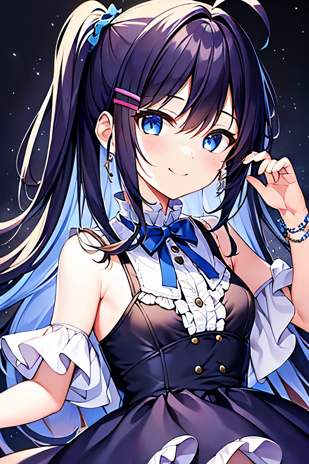(((masterpiece))) (((highest quality))), (((beautiful))), (((8K))), (((High resolution))), (1 girl:1.3), (child:1.5), (Lori:1.2), (Dark blue straight long hair:1.3), (very long, Dark blue sideburns), (Very wide parted dark blue bangs:1.3), (Simple hair clip:1.4), (Ahoge:1.4), (small blue eyes:1.2), (slightly droopy eyes:1.3), (Super thick sideburns and super long sideburns:1.1), (Ultra-flat chest:1.4), (extremely small breasts:1.4), (smile:1.3), (A dress with lots of frills:1.4), (party venue:1.3), (Cowboy Shot:1.5)