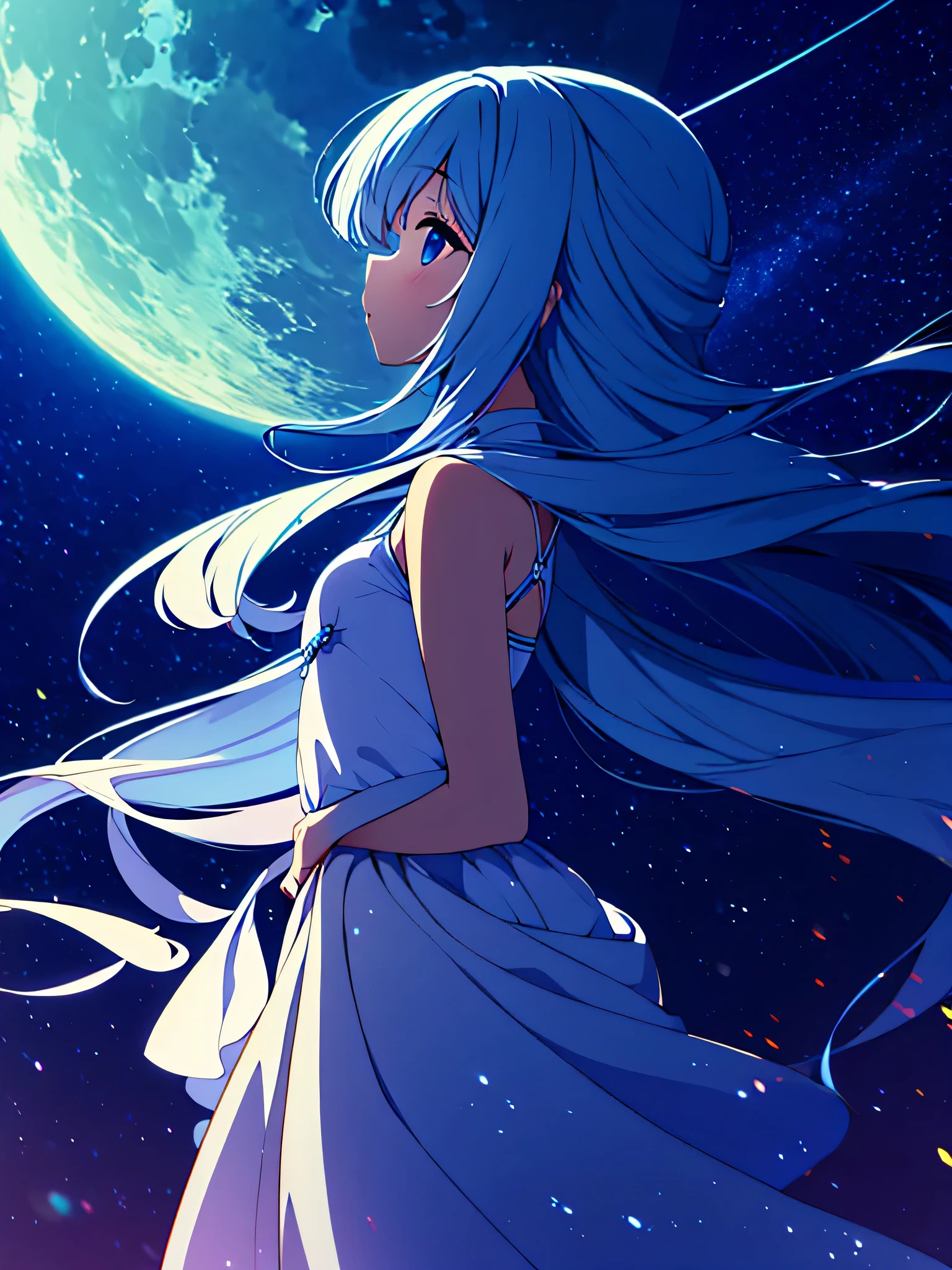 Adultos One Person Calidad de imagen superior high resolution un moreno el de pelo largo la noche cielo estrellado Luna llena luna grande vestido blanco ocean micro vestido Los senos son grandes pelo liso cabello muy largo sin mangas corbata una minifalda Parte superior del cuerpo hacia arriba
