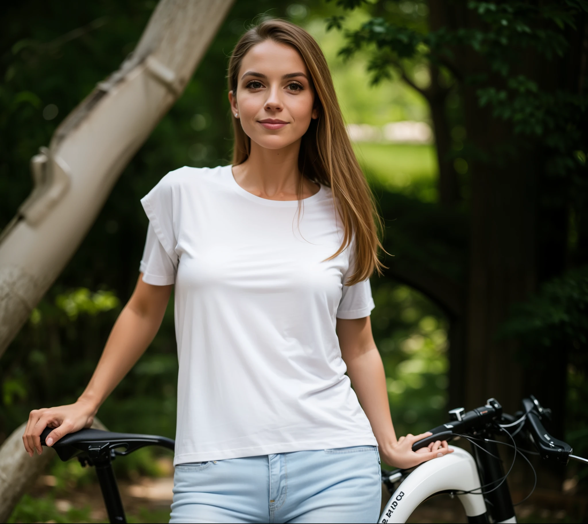 arafed woman standing next to a bicicleta with a white shirt e calça jeans, foto de uma motociclista, bicicleta in background, Aleksandra Waliszewska, vestido com uma camiseta branca, bicicleta, ao ar livre, sem texto, candid, foto de uma mulher, vestindo uma camiseta, retrato frontal, advanced technology, fashionable, vestido com uma camiseta branca e jeans