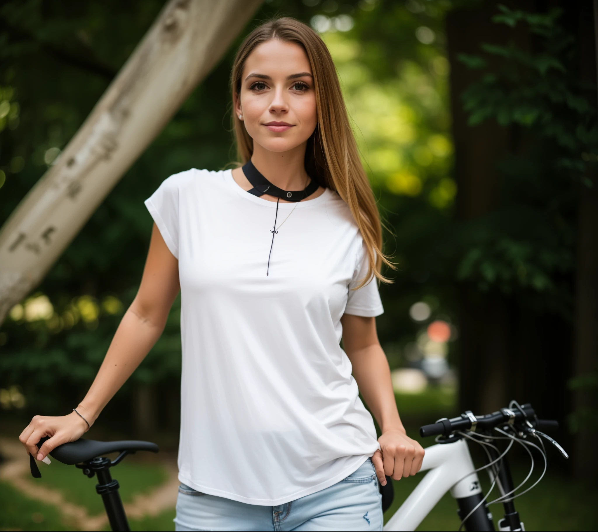 arafed woman standing next to a bicicleta with a white shirt e calça jeans, foto de uma motociclista, bicicleta in background, Aleksandra Waliszewska, vestido com uma camiseta branca, bicicleta, ao ar livre, sem texto, candid, foto de uma mulher, vestindo uma camiseta, retrato frontal, advanced technology, fashionable, vestido com uma camiseta branca e jeans