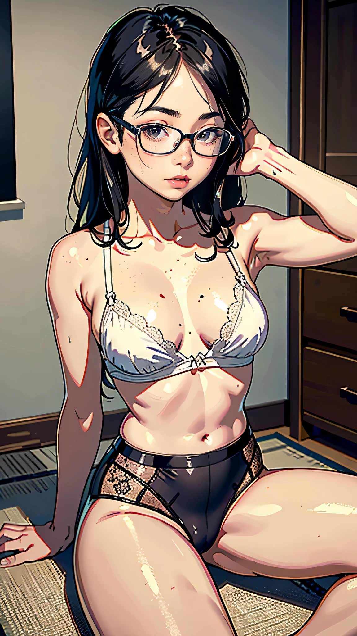 ultra-realistic rendering, highest quality), ((highest quality, 16k, masterpiece: 1.3)),　There is a woman sitting on the floor with her legs crossed., with glasses, japanese model, with glasses on, With square glasses, young sensual gravure idol, yasumoto oka, Real young gravure idol, no glasses, Yoshitomo Nara, aoi ogata, Wearing glasses, surreal, ((beautiful skin)),((skin texture)),((Real Touch)), healthy, ruddy skin, beautiful clavicle, Sheer underwear with decorative details,Cute freckles on the cheeks,Mole under the left eye,