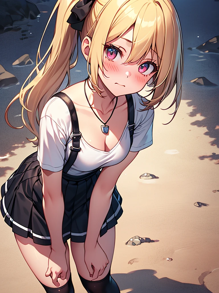 1  four years old ,Blonde hair, Blue eyes,Half T-shirt showing half of her belly , shorts , The perspective of sitting on top of another boy holding the girl's hand, Looking at the viewer, shy, blushing, flower on hair, grab, (Sweating, Very sweaty, Shiny skin, oily skin), Her cheeks are red and she opens her mouth. From her mouth comes out her tongue, and on it is a small amount of semen. She is only 90 centimeters tall with a small belly. , The girl&#39;s pants have a zipper and the zipper is unzipped so her genitals are out. ,She sits on a man&#39;s lap.  
