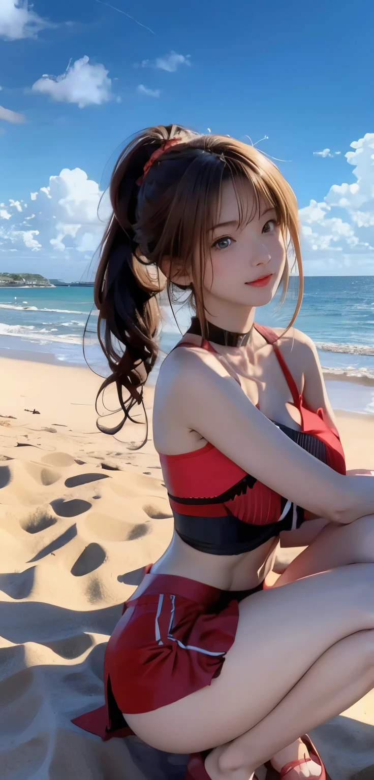 highest quality、8K、Realistic、1 girl、23 years old、Full body portrait、(Embarrassing)、(Panty Shot、Landscape、Sit on the beach、hugging own legs)、(Wavy Hair、blonde ponytail:1.4、(Red pencil mini skirt with slit:1.4)、skirt fluttering in the wind、Black sleeveless high neck、black panties)、(Beautiful thighs,Beautiful ass、)、(big breasts、elect nipples)