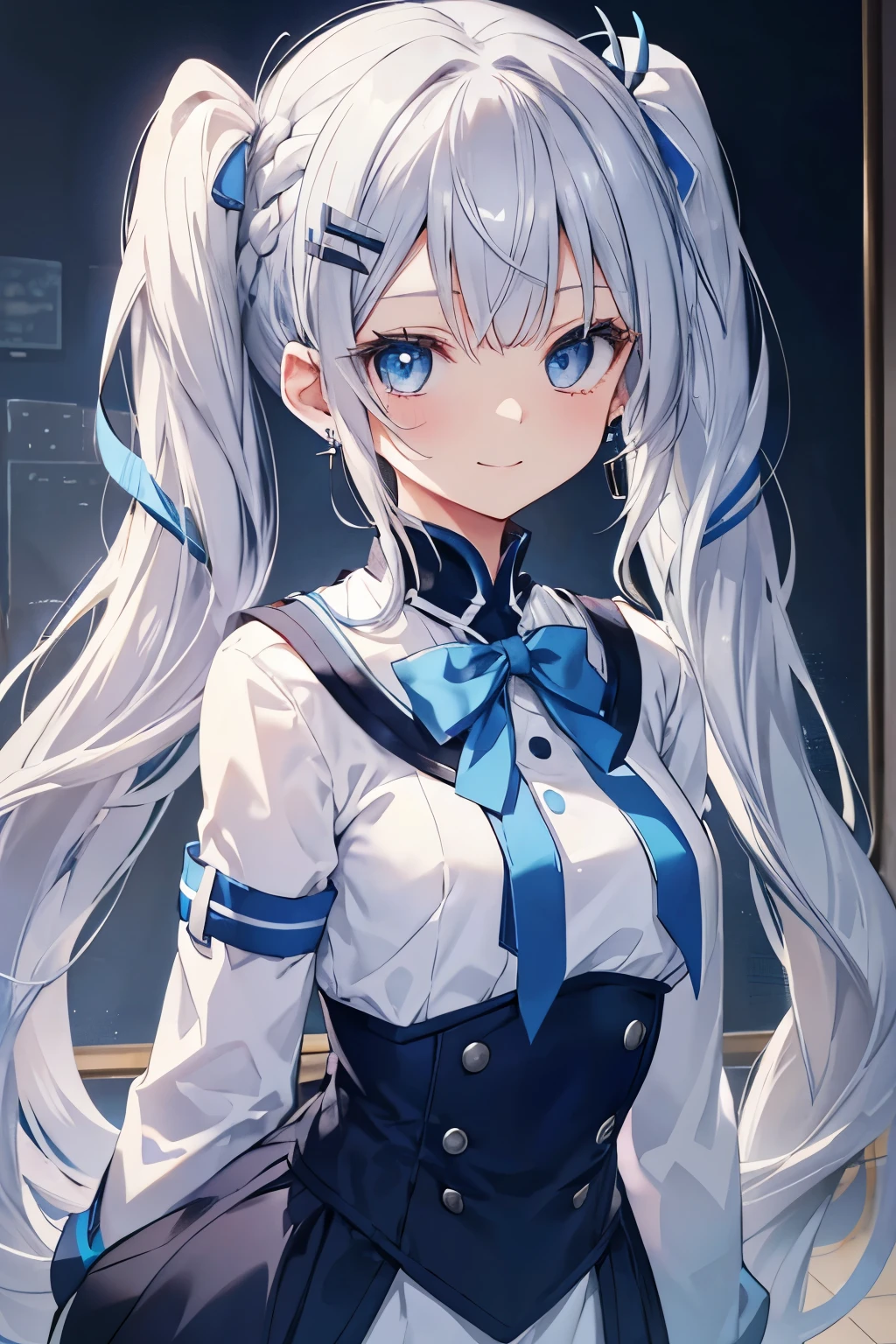 Silver-haired blue eyes、 girl、Small breasts、braided twin tails、smile、Gal-like、Wearing cute earrings、cute uniform、Add highlights around the eyes、Cute hairpin、The whole body is visible、School