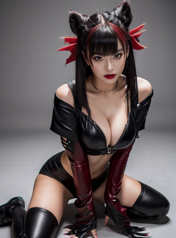 (best quality,highres,masterpiece:1.2),ultra-detailed,realistic,sexy,himiko toga,blood-red background,vibrant colors,soft lighting,flowing hair,fierce expression,leather outfit,alluring pose,fangs,blood splatters,sharp claws,mischievous eyes,playful smirk,subtle flirtation,dark energy,temptation,provocative confidence,edgy style,black boots,red lipstick,lustful gaze,seamless blending of beauty and danger