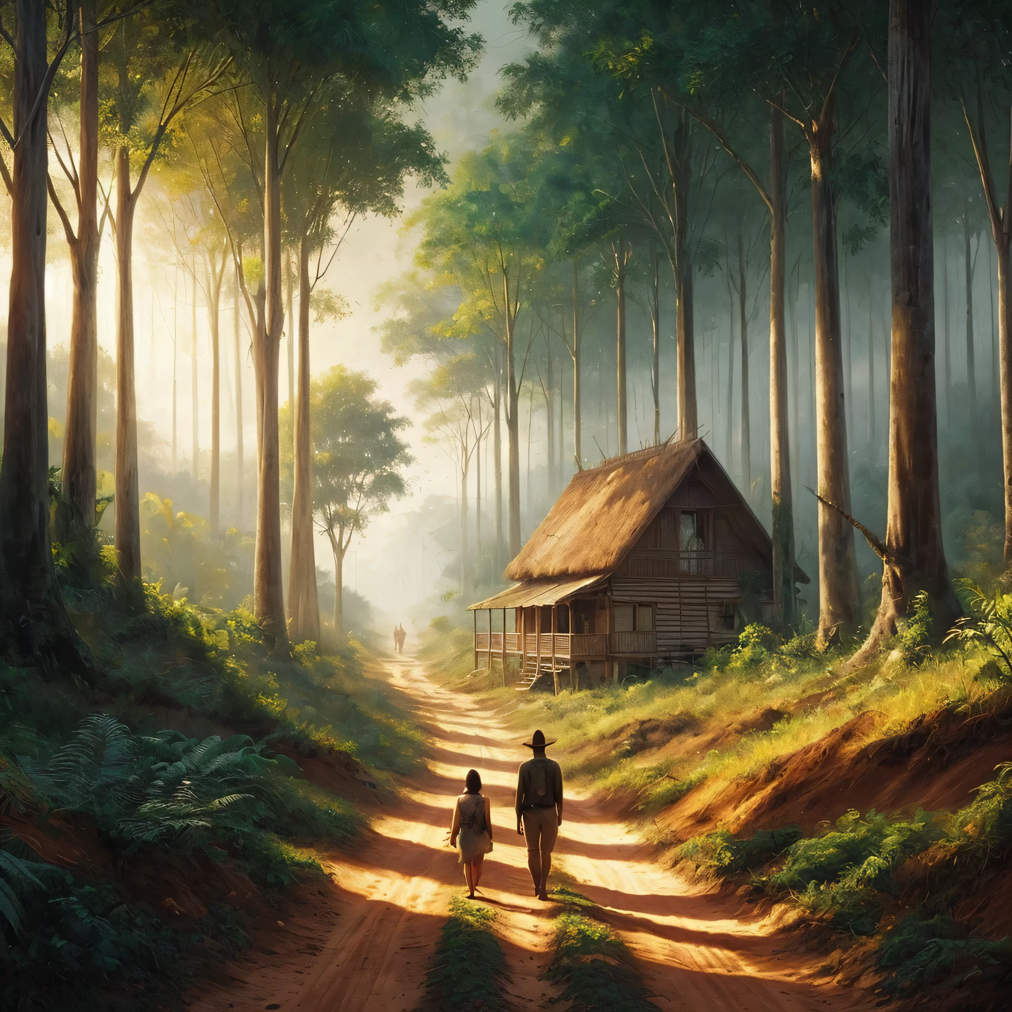 a painting of two people walking down a dirt road, a fine art painting, trending on cg society, sumatraism, house in forest, son, tropical location, mobile wallpaper